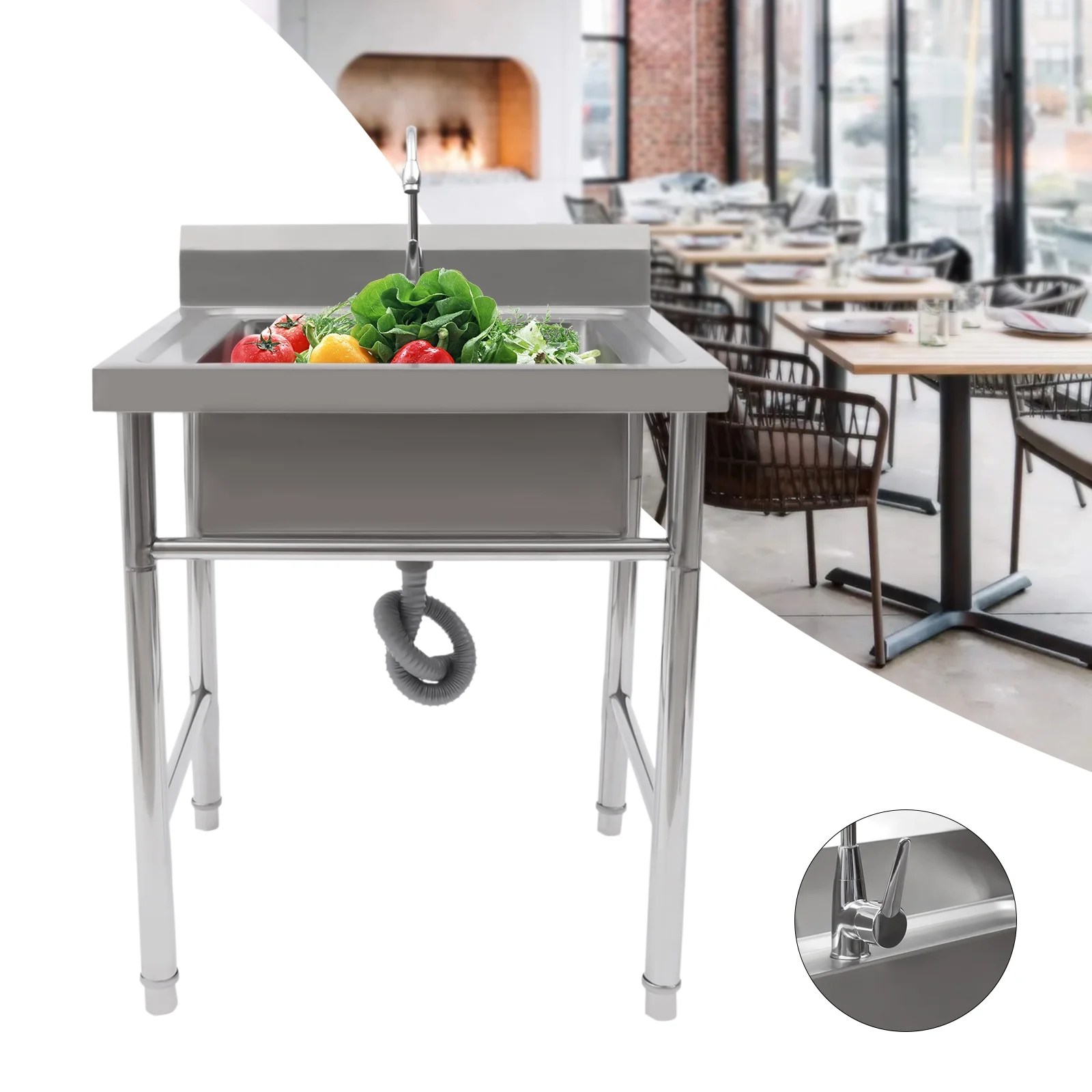 Aiqidi 1 Compartment Commercial Kitchen Sink Stainless Steel Freestanding Utility Sink Catering