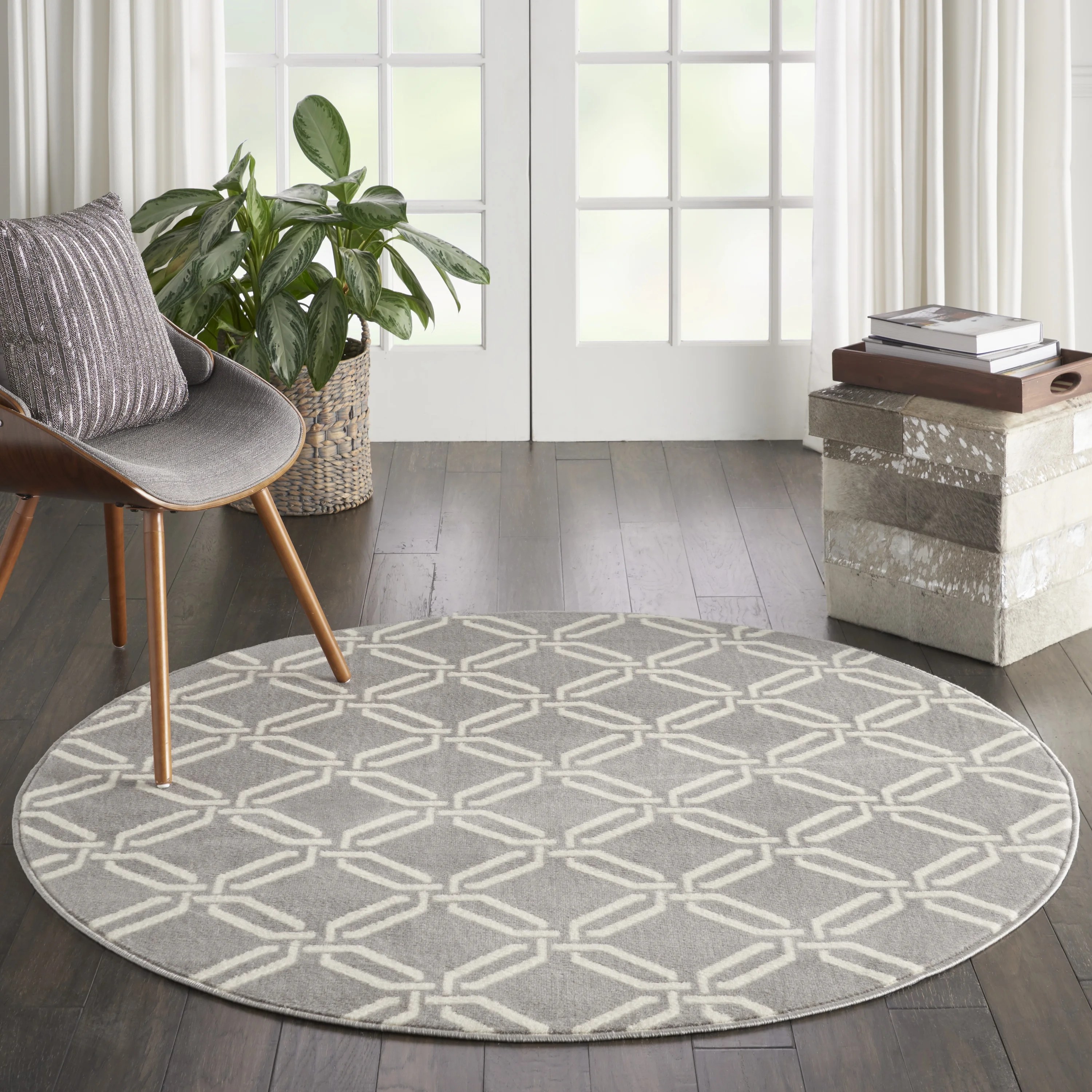 Nourison Jubilant Modern Trellis Grey 5'3" x ROUND Area Rug, (5' Round