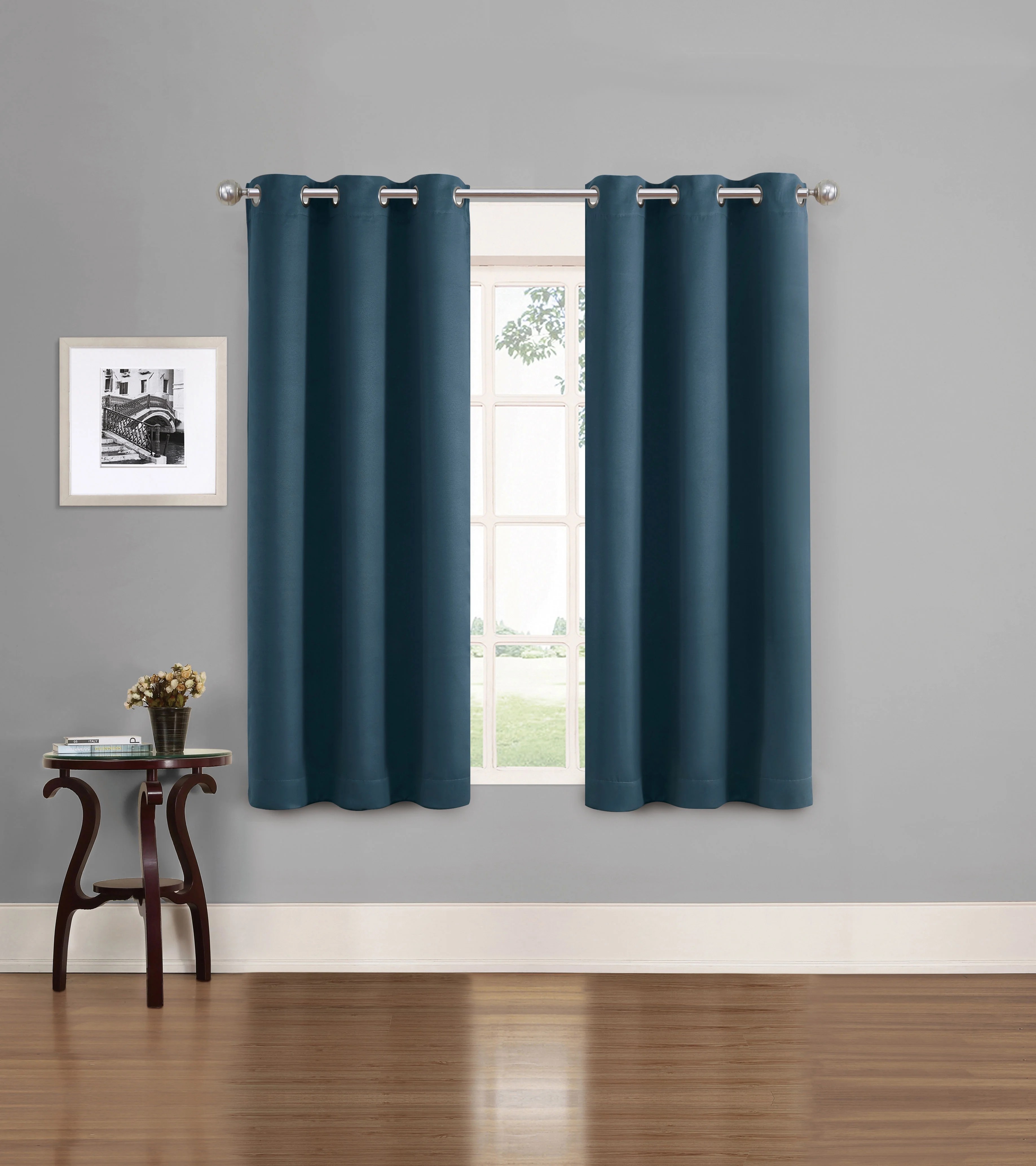 Eclipse Modern 2 Piece Solid Print Blackout Curtain Grommet Set, Indigo, 37x63