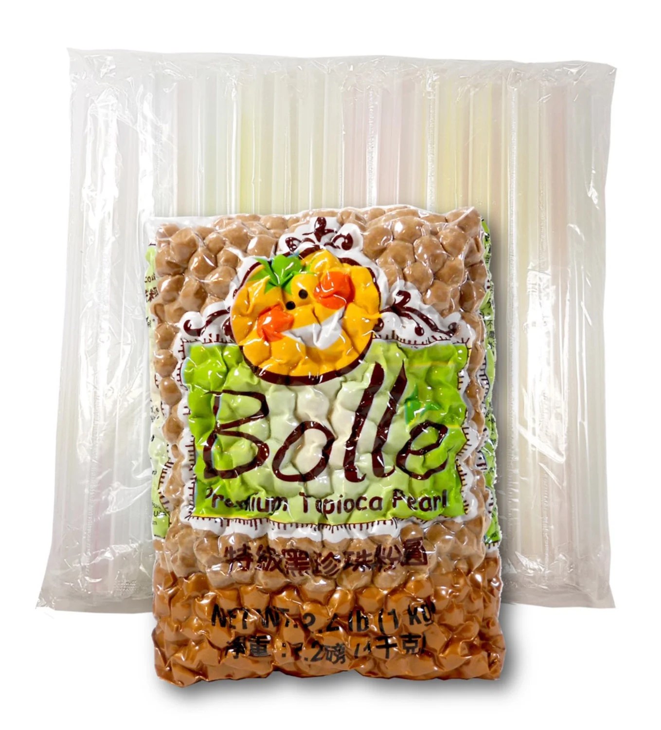 Bolle Boba Tapioca Pearls 2.2 lbs. with Karat Wide Straw Individually Wrapped 50 pieces