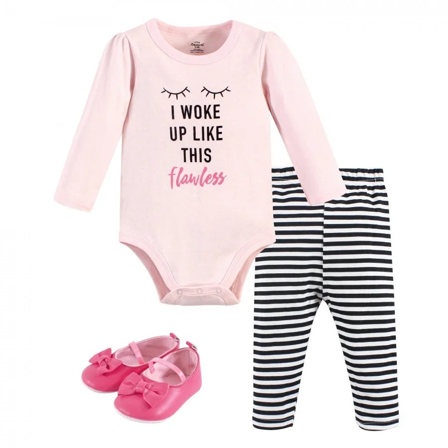 Little Treasure Baby Girl Cotton Bodysuit, Pant and Shoe 3pc Set
