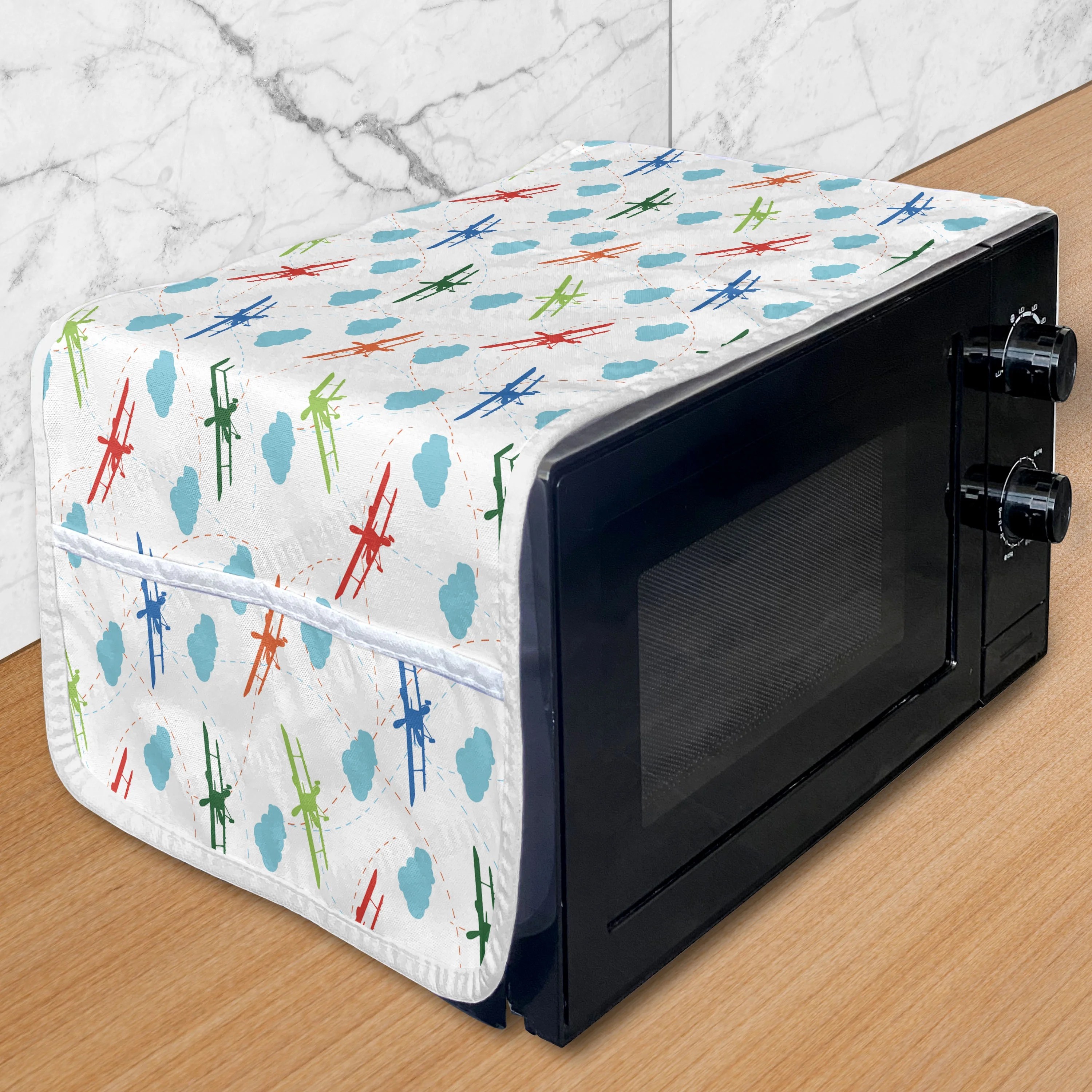 Airplane Microwave Oven Cover, Travel Around the World Theme with Colorful Retro Biplanes Air