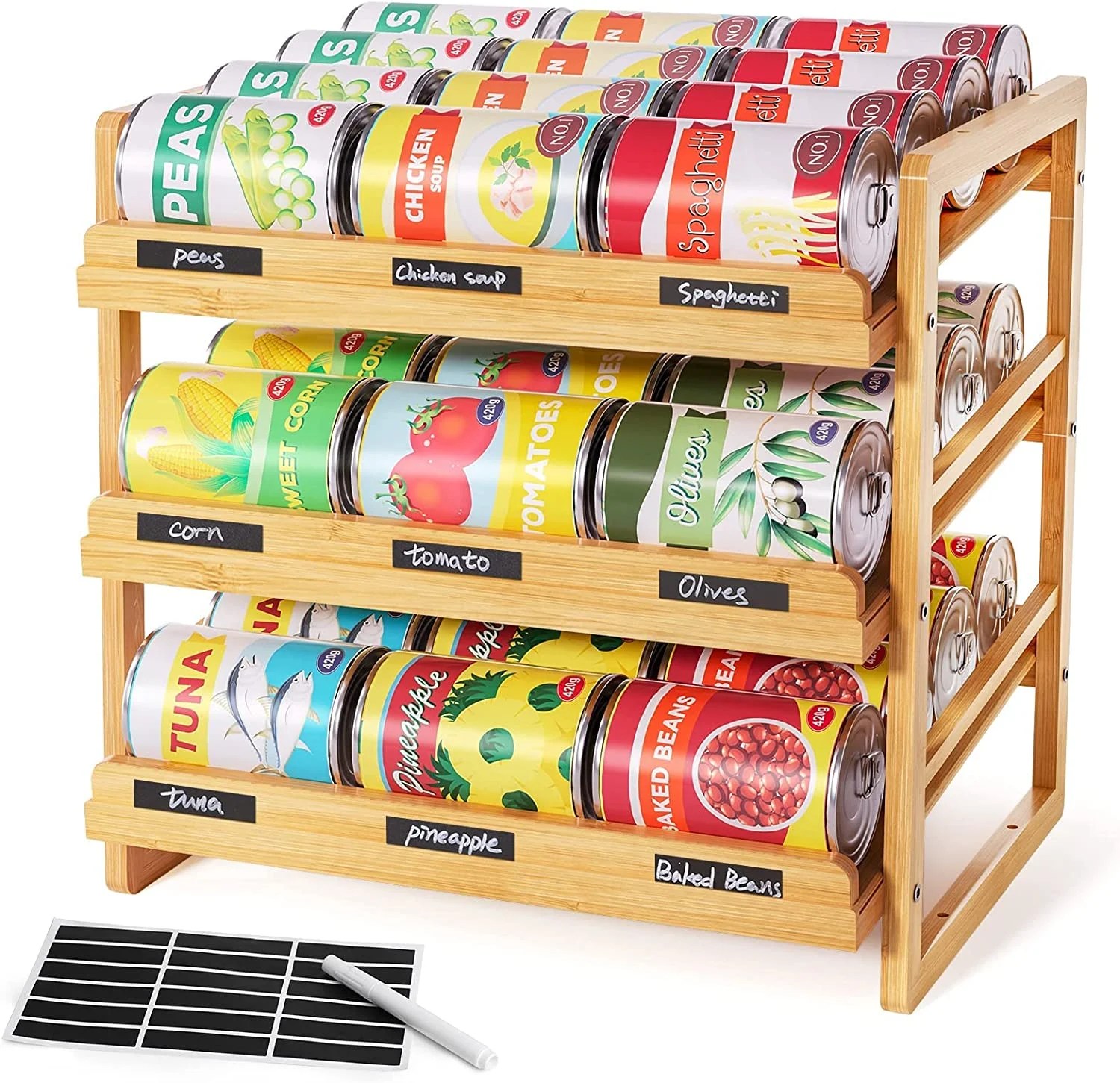 Bamboo Can Rack Organizer, 3 Tier Stackable Can Storage Rack with Label