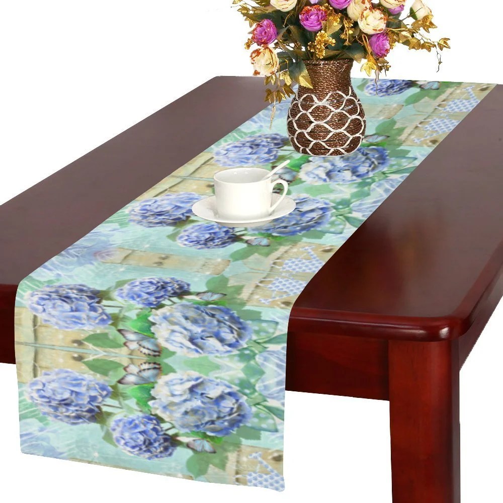 MYPOP Floral Hydrangea Flower and Butterfly Long Table Runner 16x72