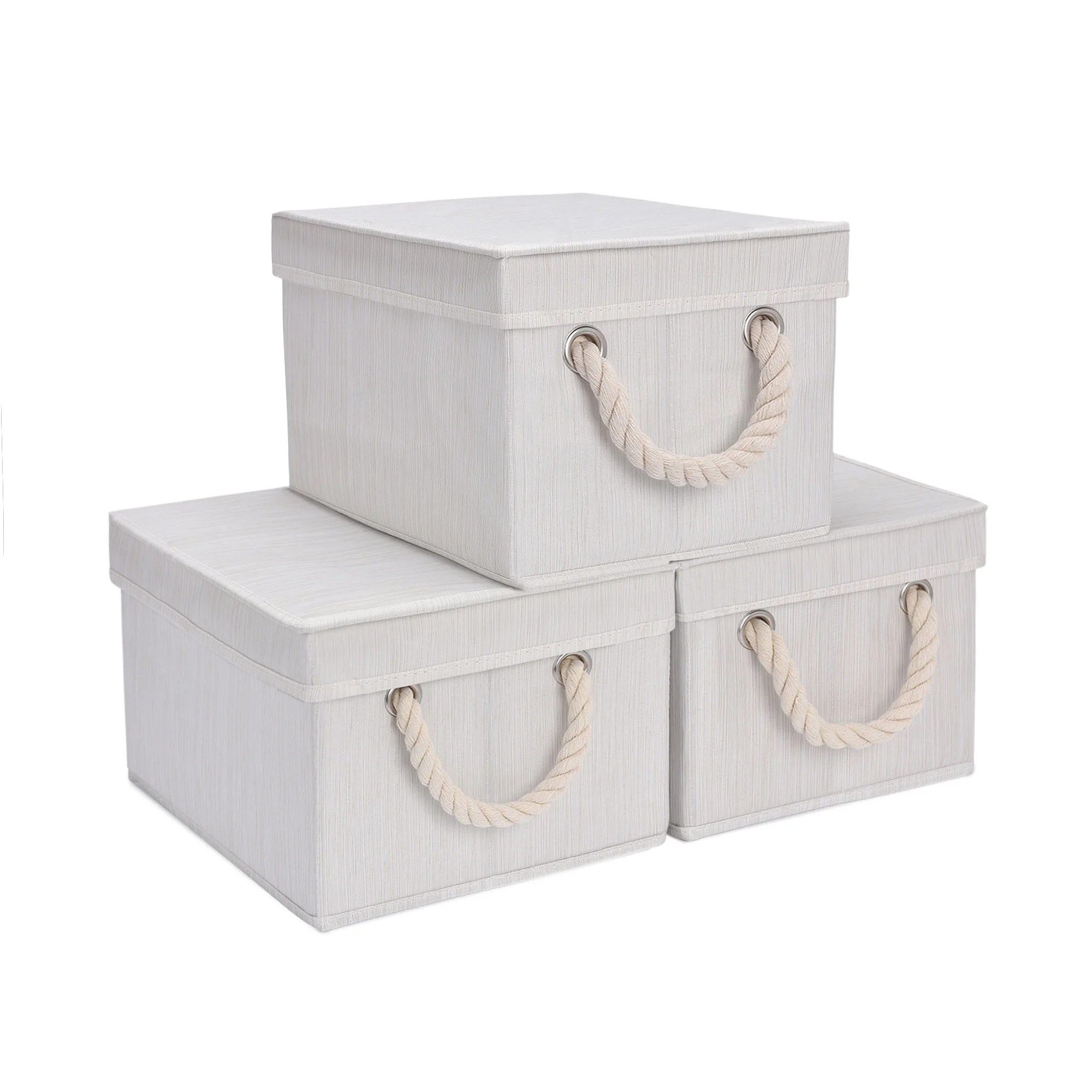 Foldable Fabric Storage Boxes with Lid & Handles, 3Pack, Medium, Ivory