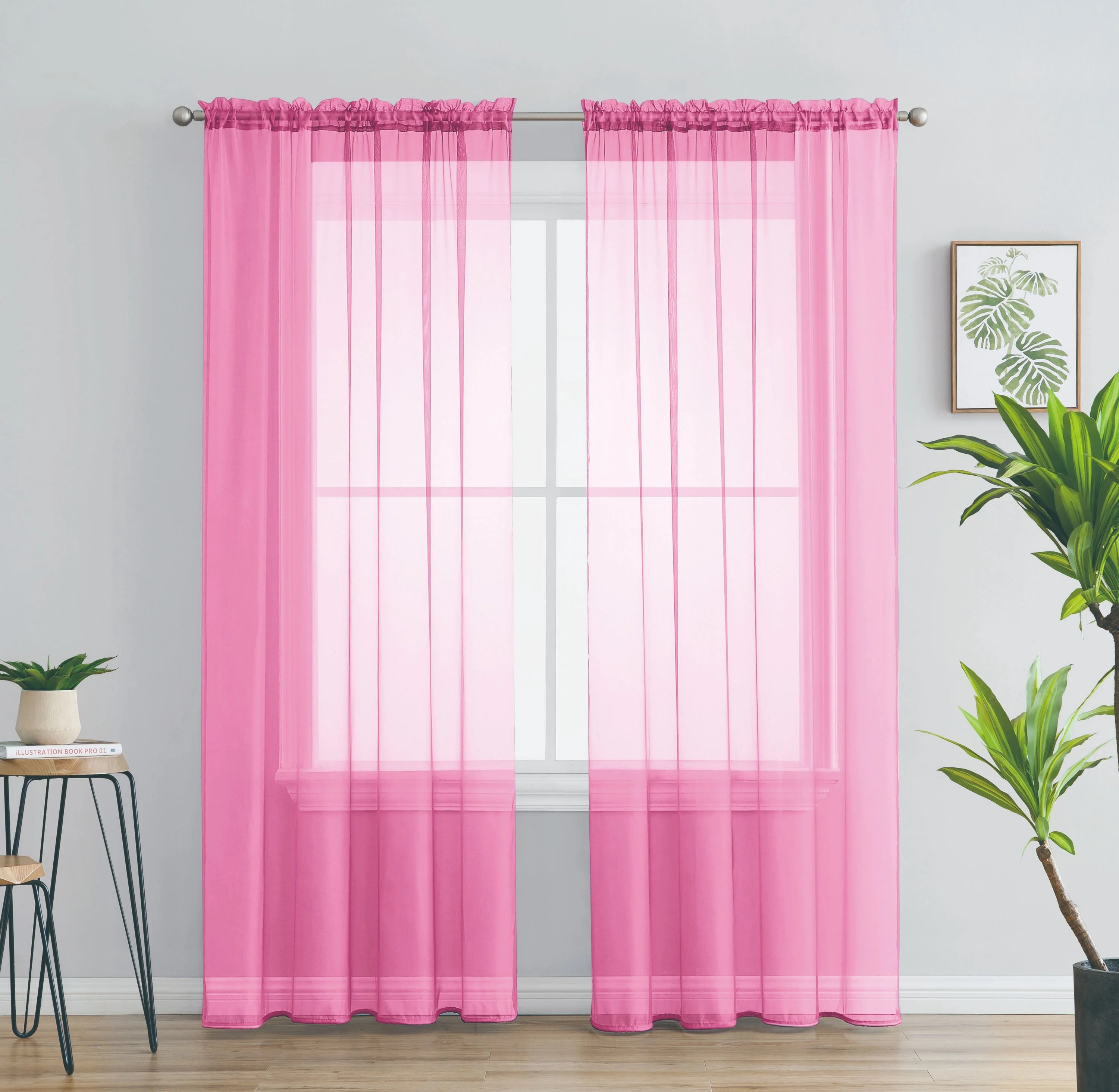 2 Piece Solid Rod Pocket Sheer Window Curtains Sheer Light Pink