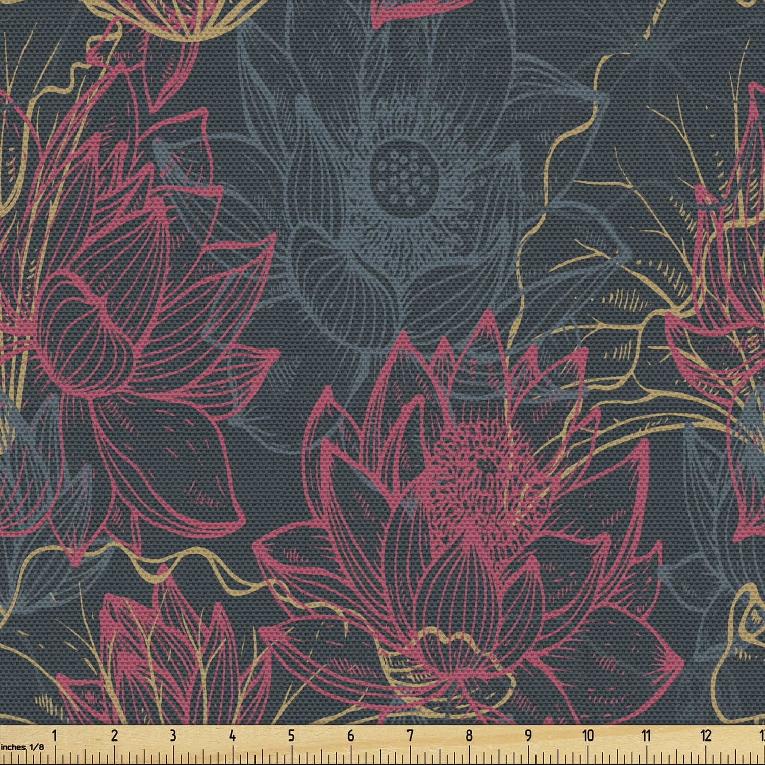 Lotus Fabric by the Yard Upholstery, Hand Drawn Mystic Flowers of Asia