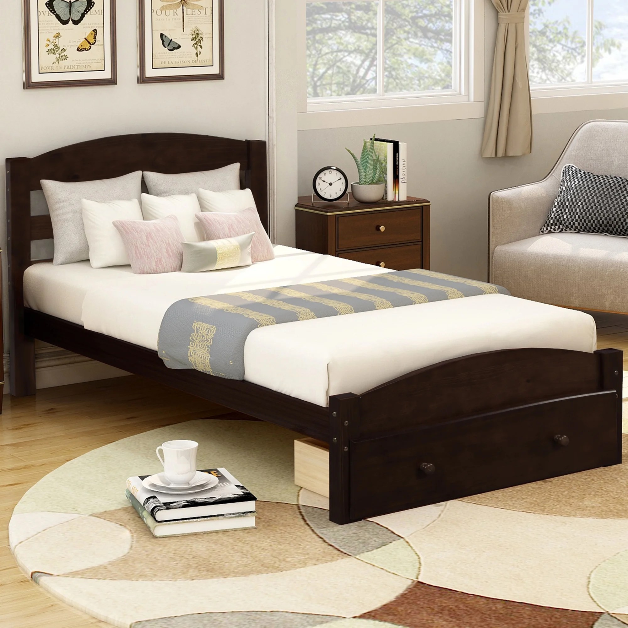 Platform Bed Frame with Headboard and Footboard, Classic Pine Wood Twin