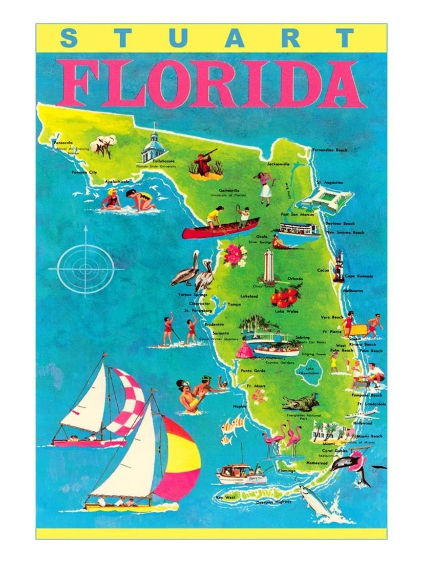 Stuart, Florida, Map with Attractions Print Wall Art