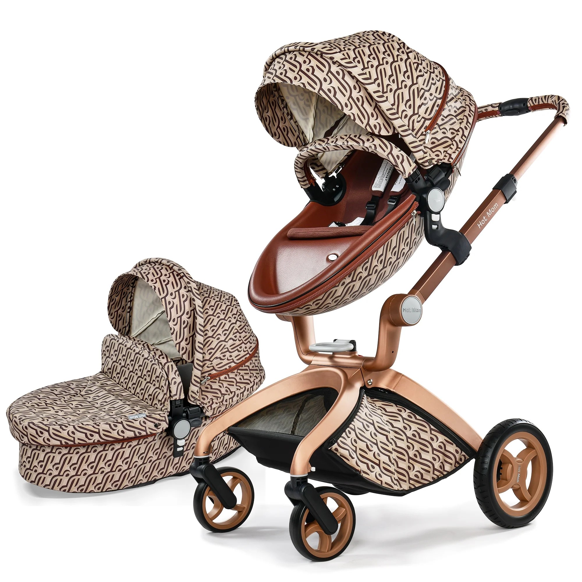 Hot Mom PU Leather Baby Stroller with Adjustable Seat Height Angle