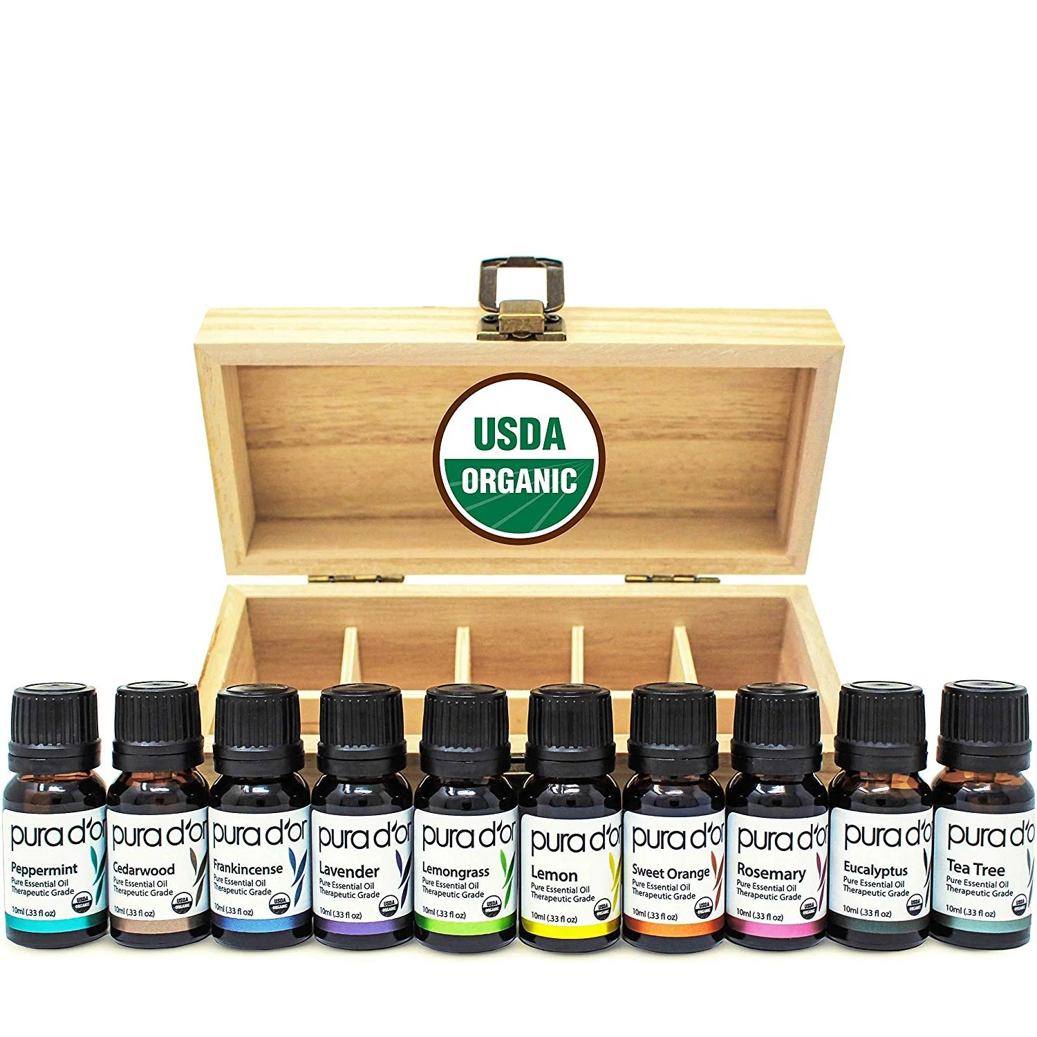 PURA D'OR 10 Essential Oils Wood Box Set 10 mL USDA Organic 100 Pure