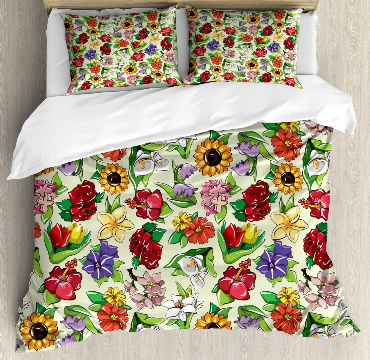 Floral Duvet Cover Set King Size, Vibrant Colored Print of Rousing