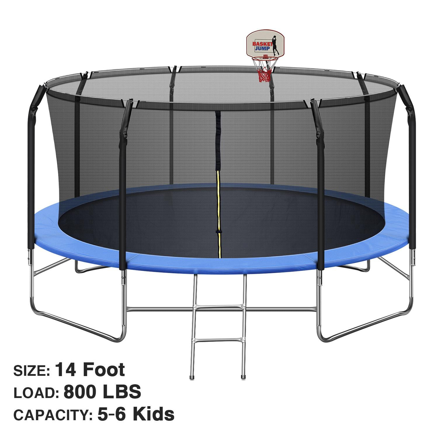 14FT Trampoline with Basketball Hoop&Safety Enclosure Net, 800LBS