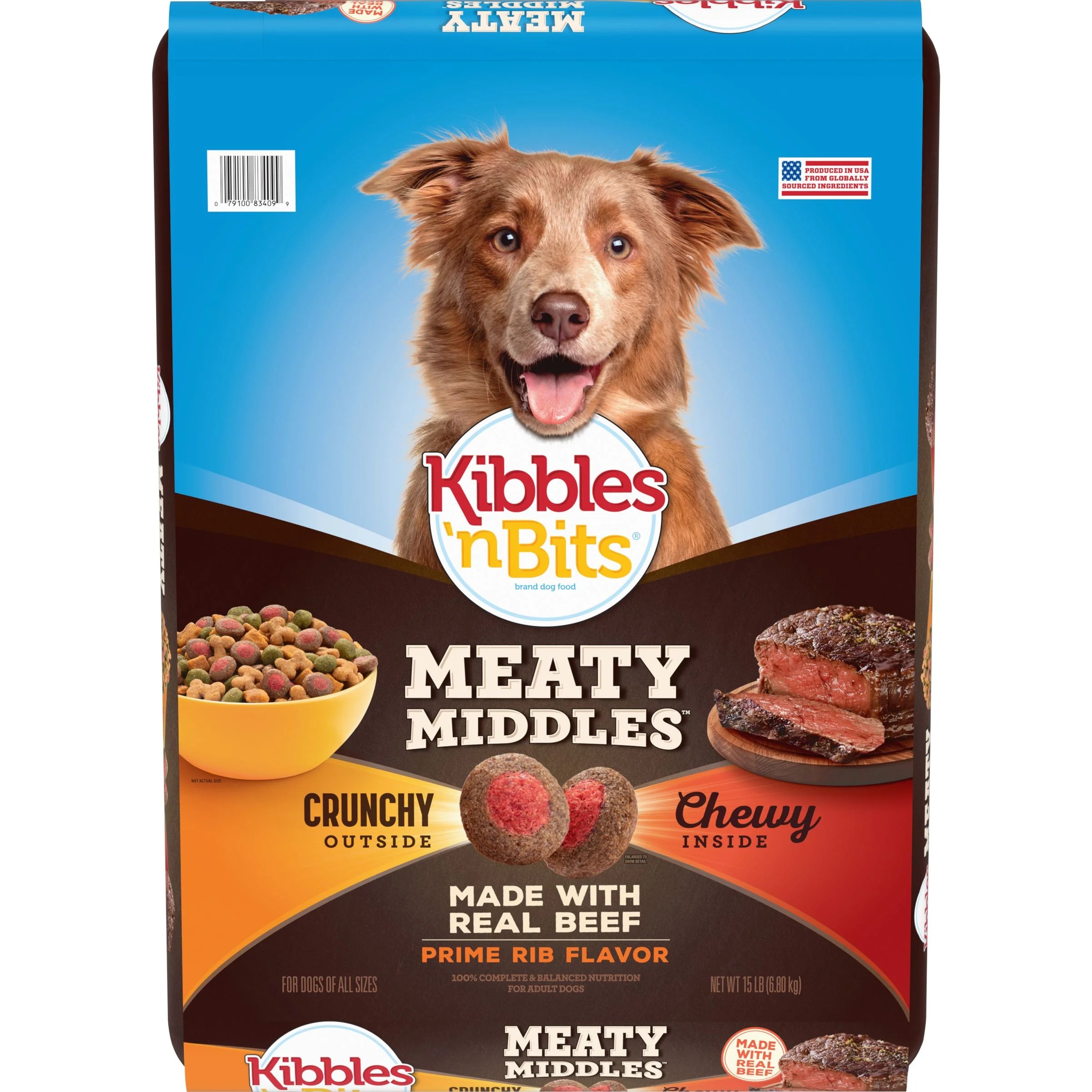 Kibbles 'n Bits Meaty Middles Prime Rib Flavor, Dry Dog Food, 15 Pounds