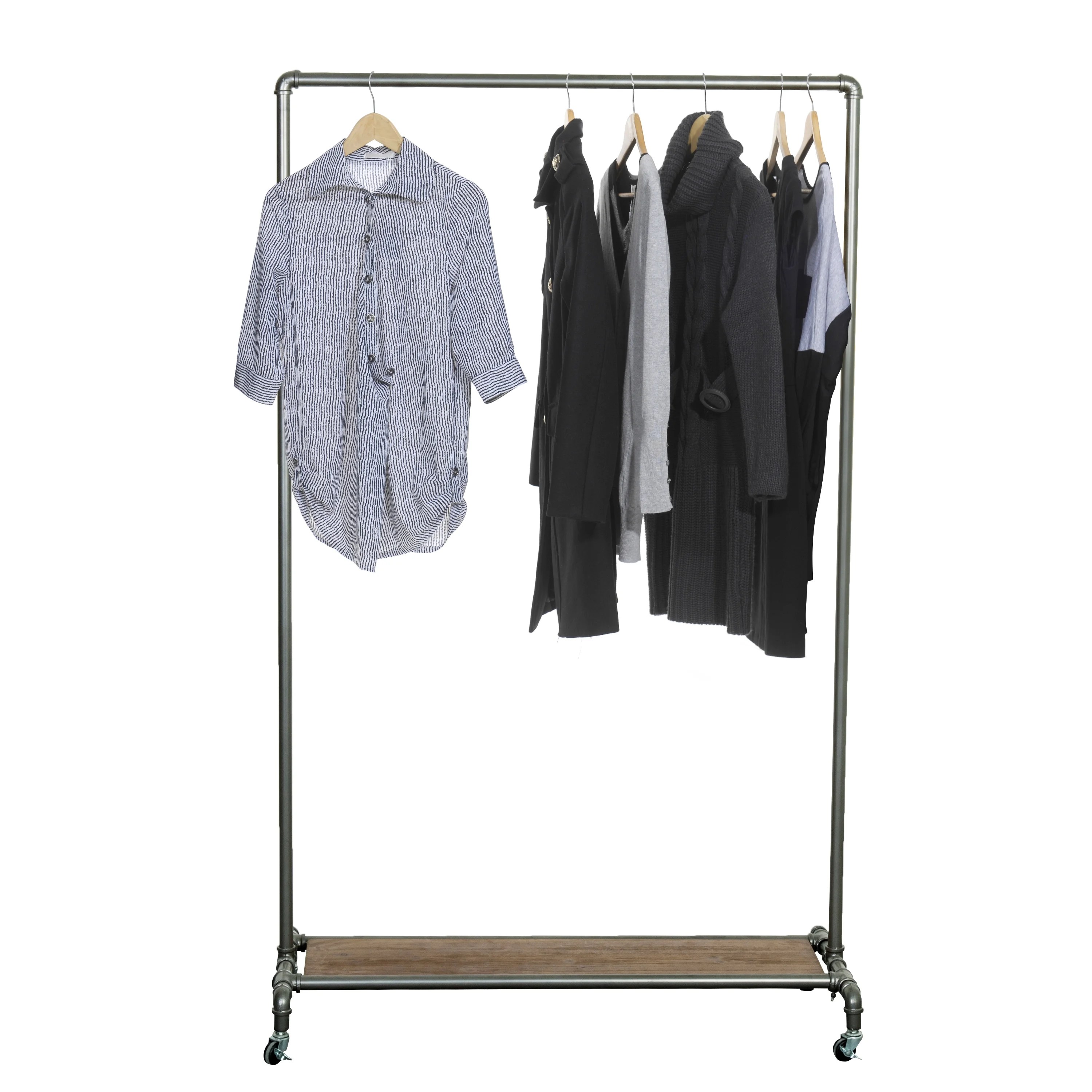 65Inch Industrial Pipe Rolling Garment Rack with Wooden Shelf