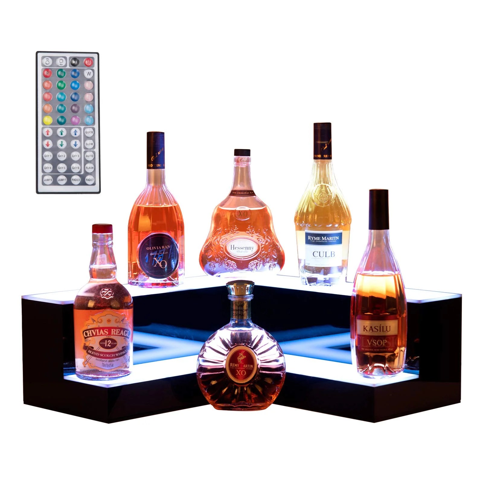 Nurxiovo 20'' 2 Step LED Liquor Bottle Display Shelf Lighted Illuminated Bottle Shelf Corner LED