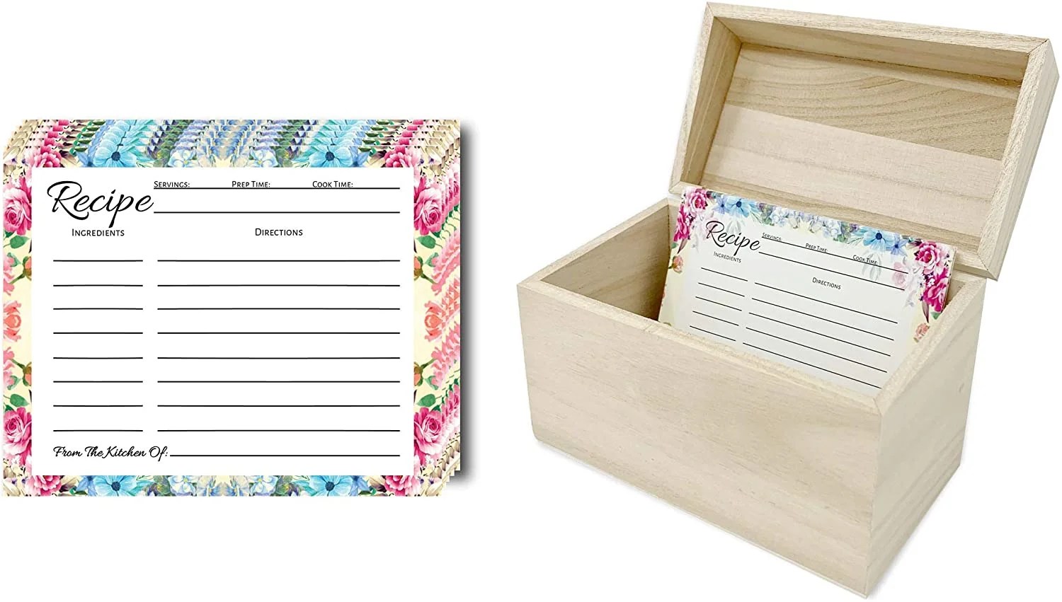 Recipe Box with 50 Count Floral Recipe Cards, Recipe Card Box, Recipe