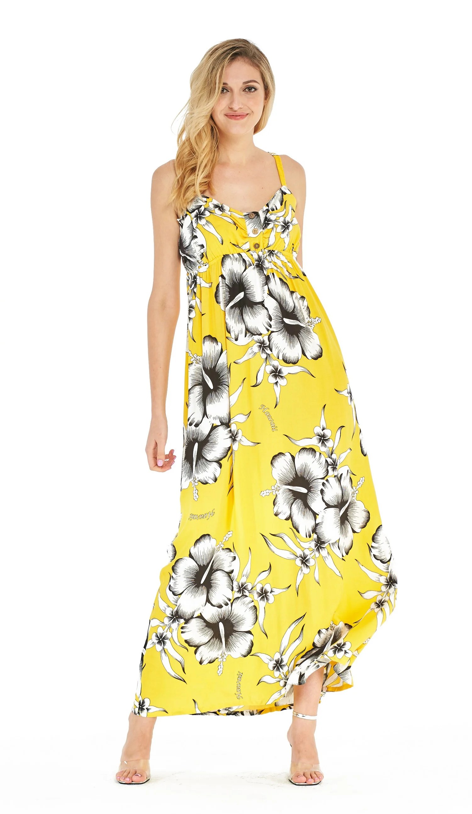 Hawaii Hangover Women's Hawaiian Three Buttons Empire Maxi Dress in Vivid Black Hibiscus
