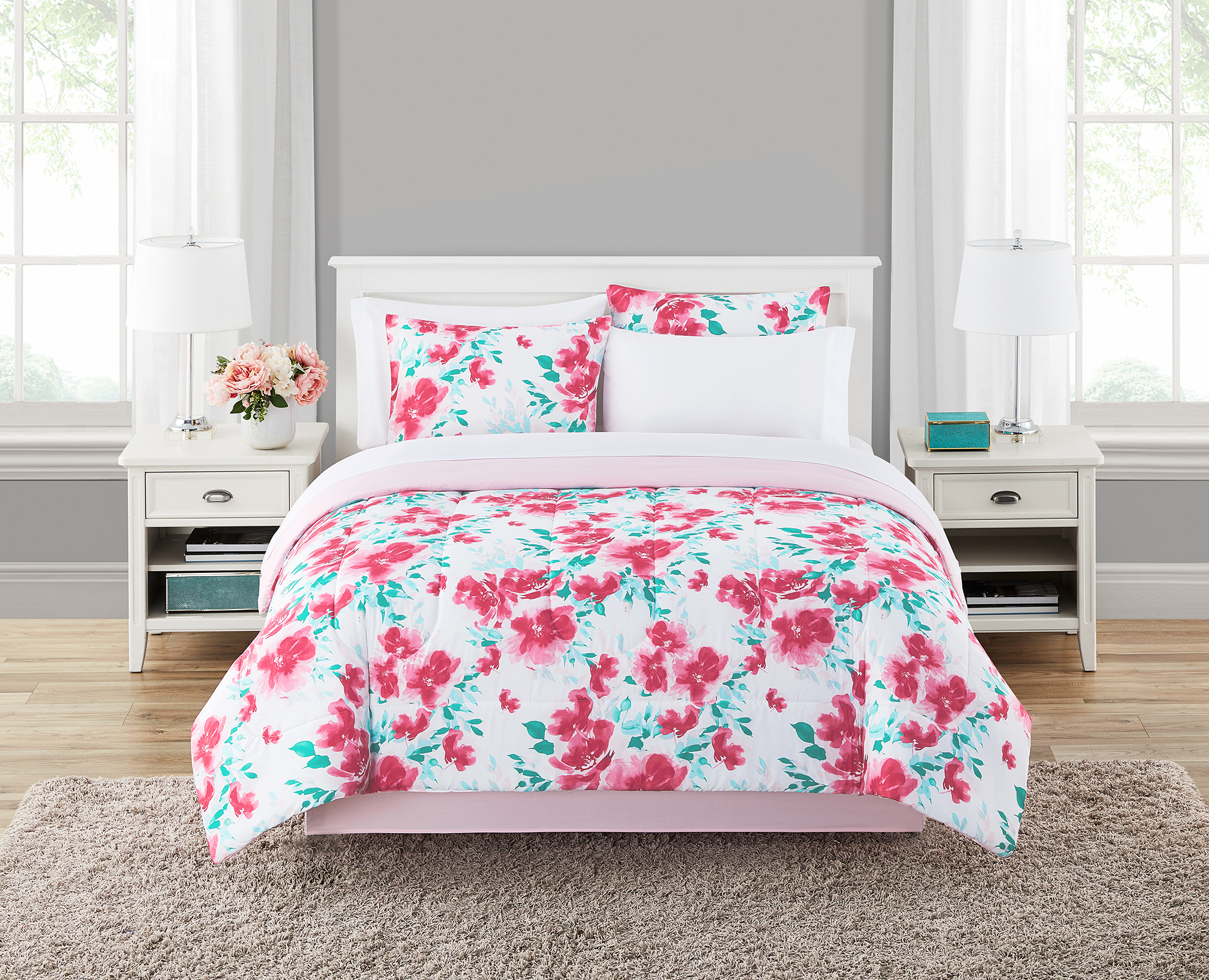 Mainstays Mint Floral 8Piece Bed in a Bag Bedding Set with BONUS Sheet