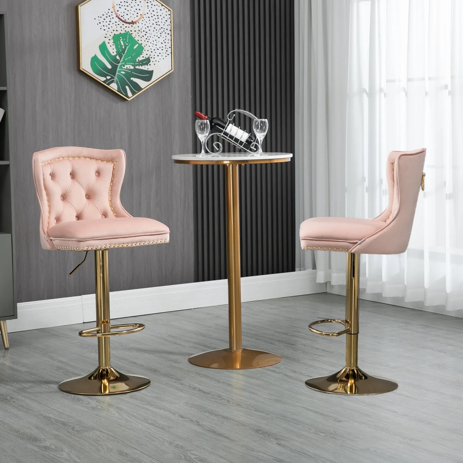 Bar Stools Set of 2, Velvet Swivel Barstools with Button Tufted Back