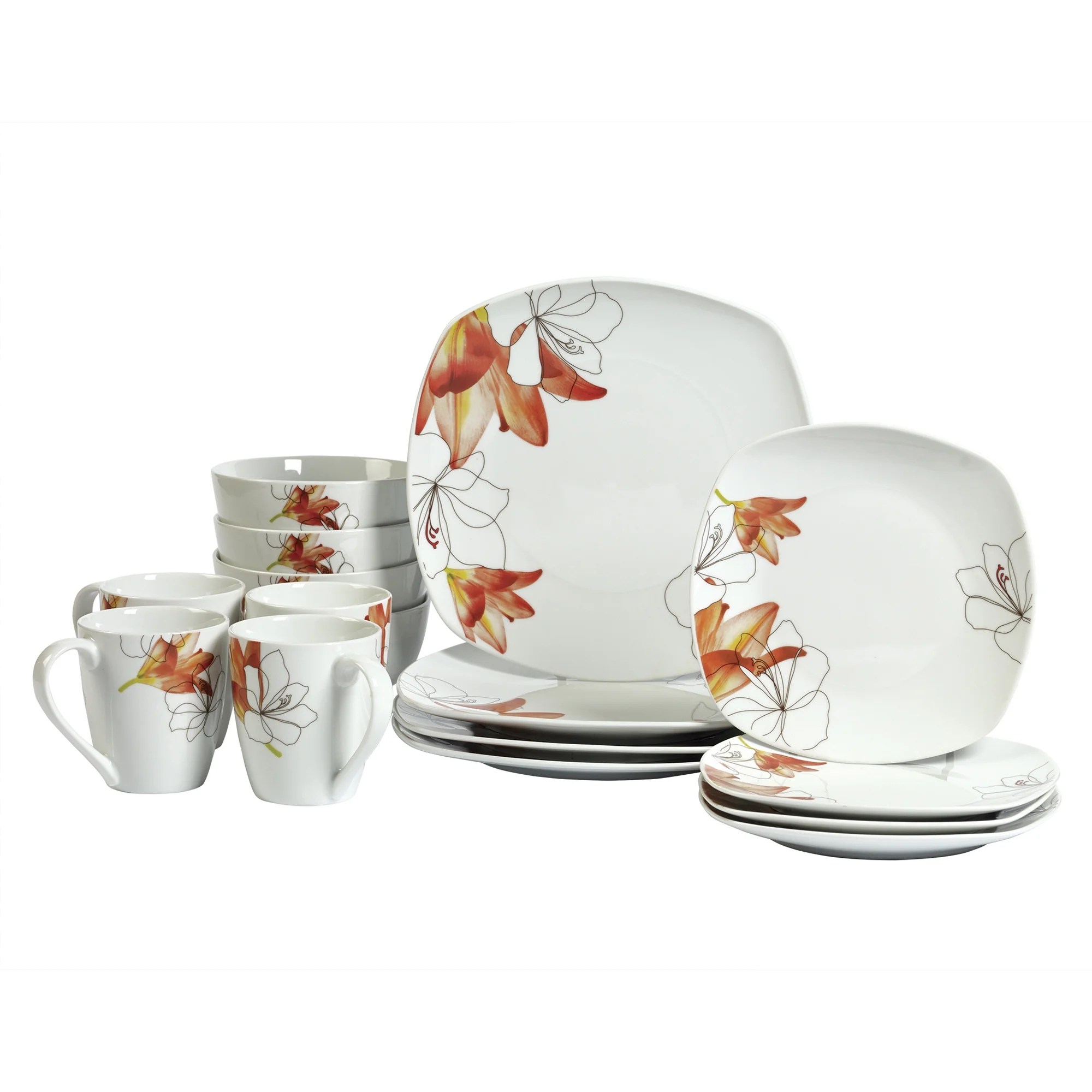 Tabletops Unlimited Gallery Lily Square 16 Piece Dinnerware Set, Floral