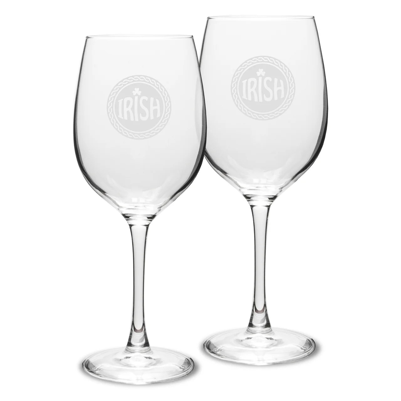 Irish Celtic Logo Deep Etched 16 oz Classic White Wine Glass Set of 2