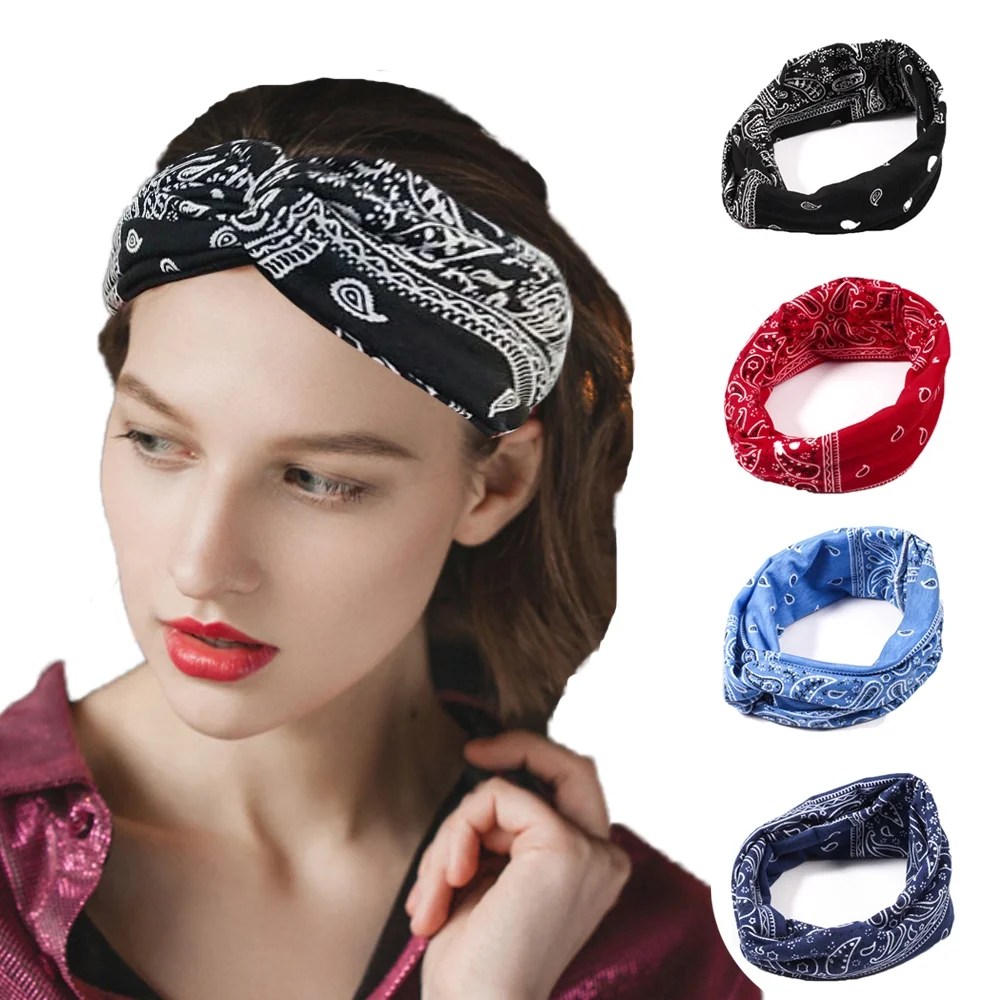 4 Pack Boho Headbands Knotted Headband for Women, Vintage Bandana Flower Printed Head Wrap