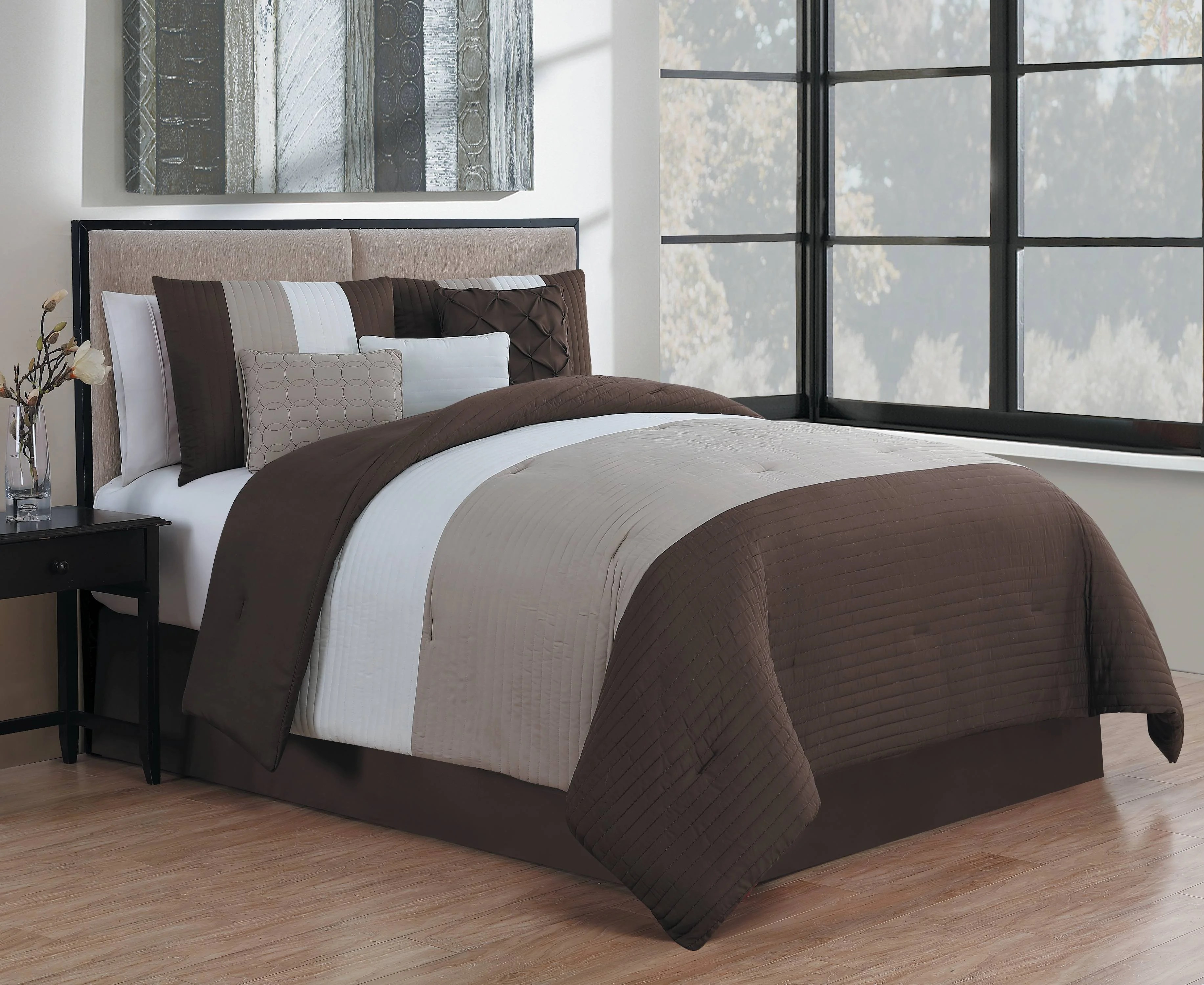 Manchester 7pc Comforter Set Queen Brown/Taupe/Ivory