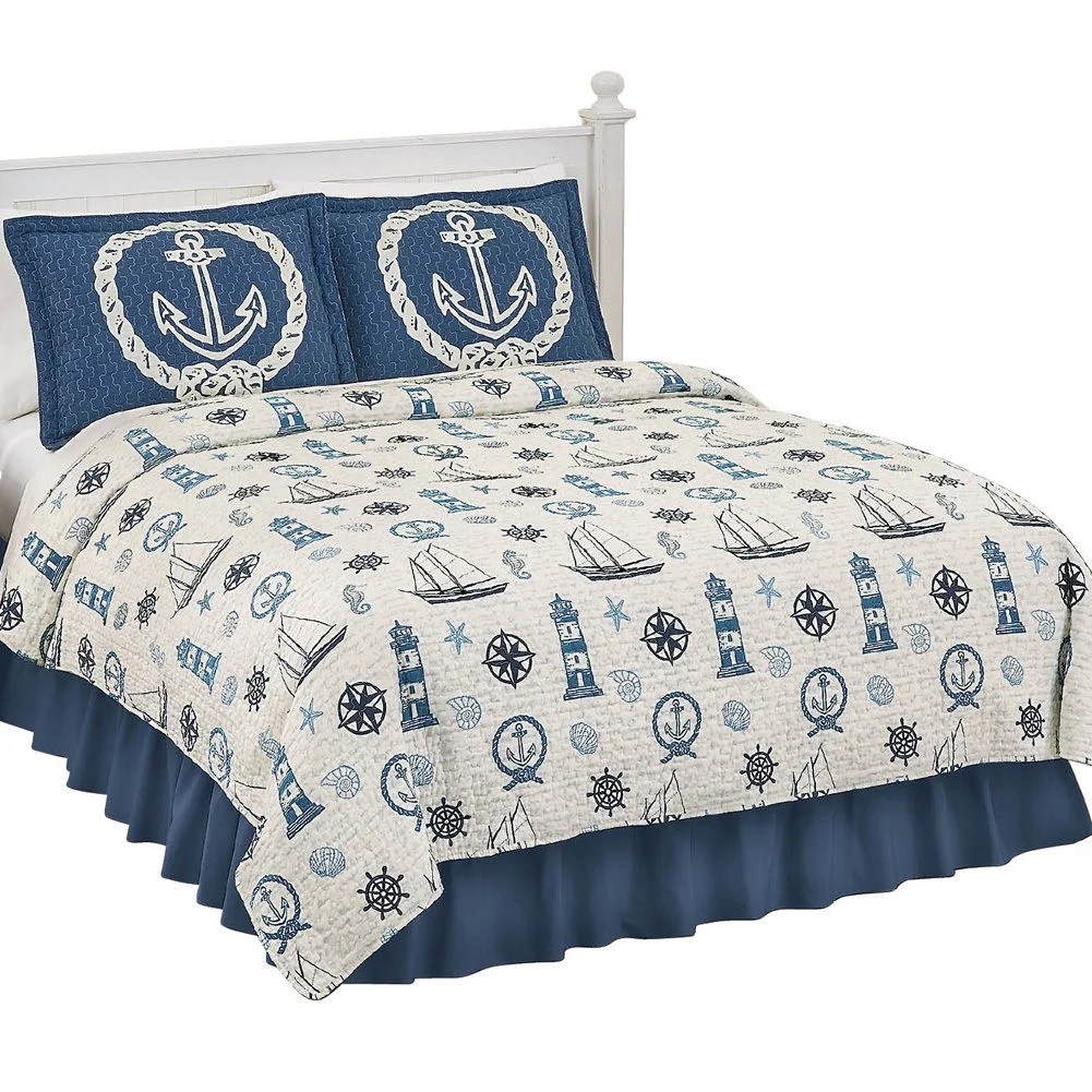 Blue& White Lighthouse, Sailboat, Anchors, Twin Quilt & Sham (2 Piece
