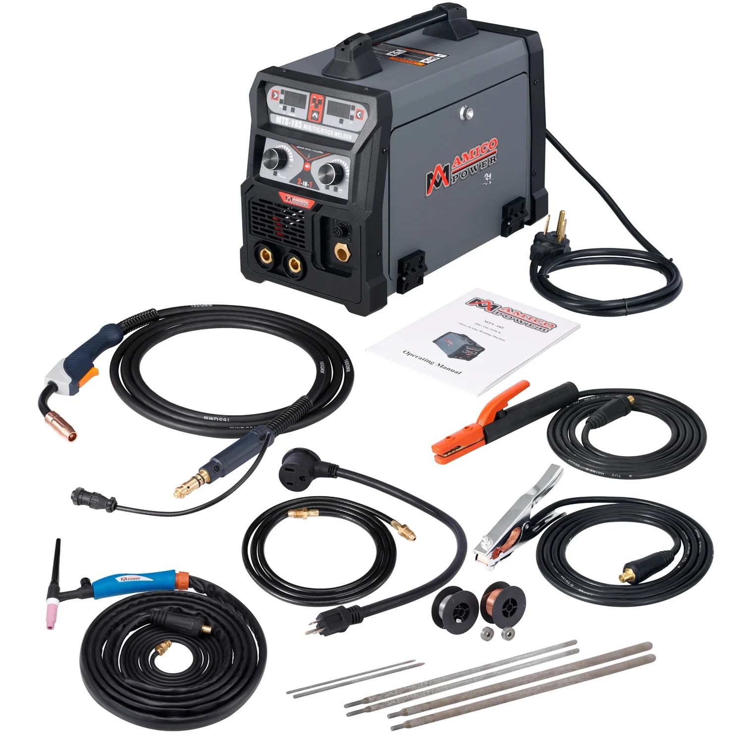MTS185 Amp MIG Flux Core Wire, TIG Torch Stick Arc DC Welder, Weld