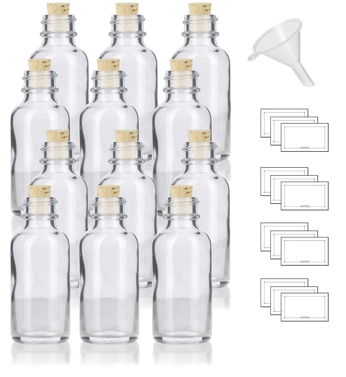 1 oz Clear Glass Boston Round Bottle with Cork Stopper Closure (12 Pack