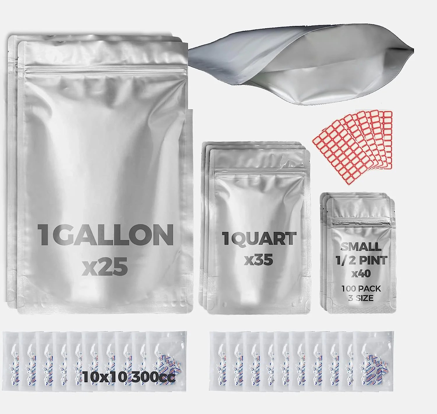 100 Mylar Bags For Food Storage 10 mil 1 Gallon (25pc), 8 mil 1 Quart