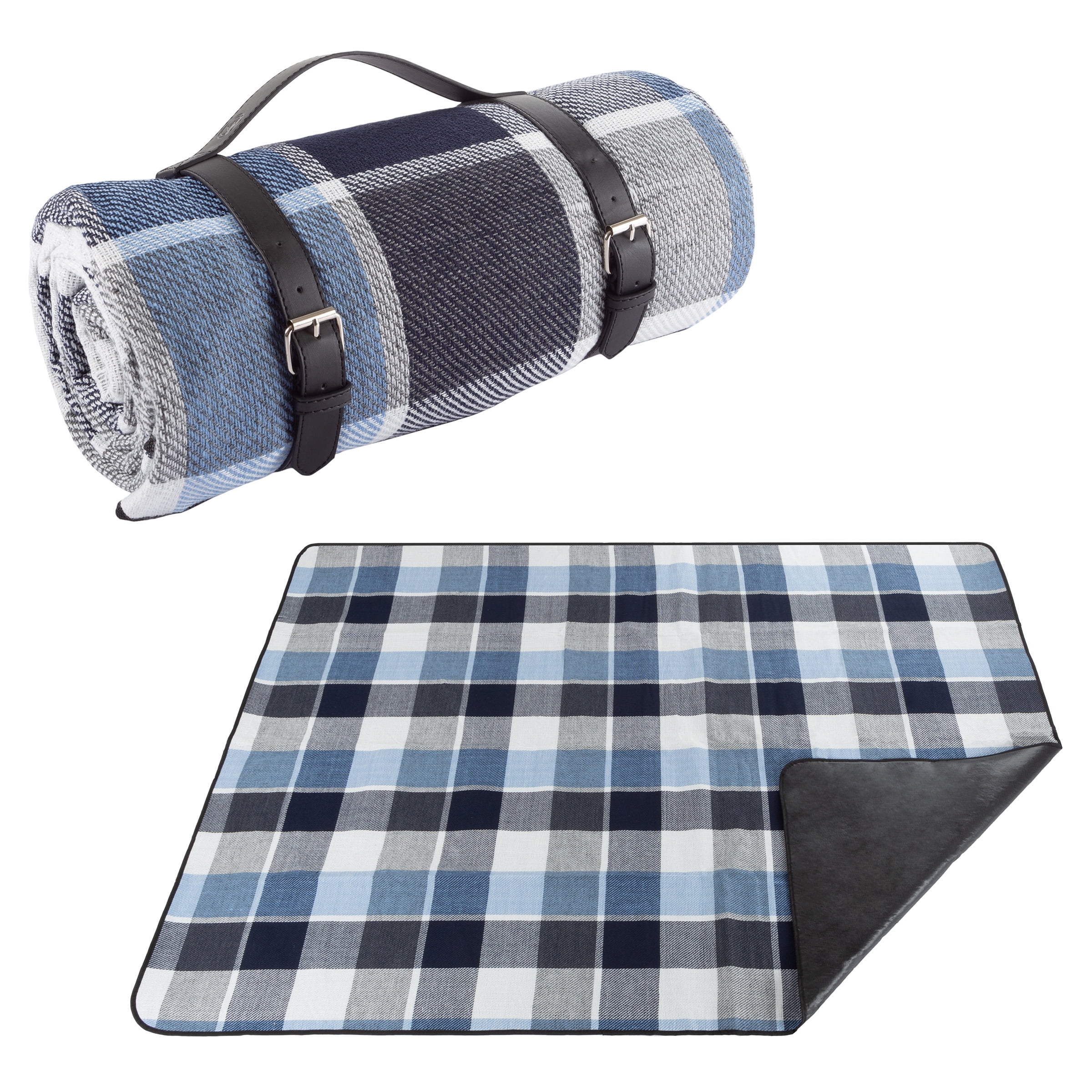 Waterproof Picnic Blanket Large Outdoor Beach Mat Blue Plaid & Faux