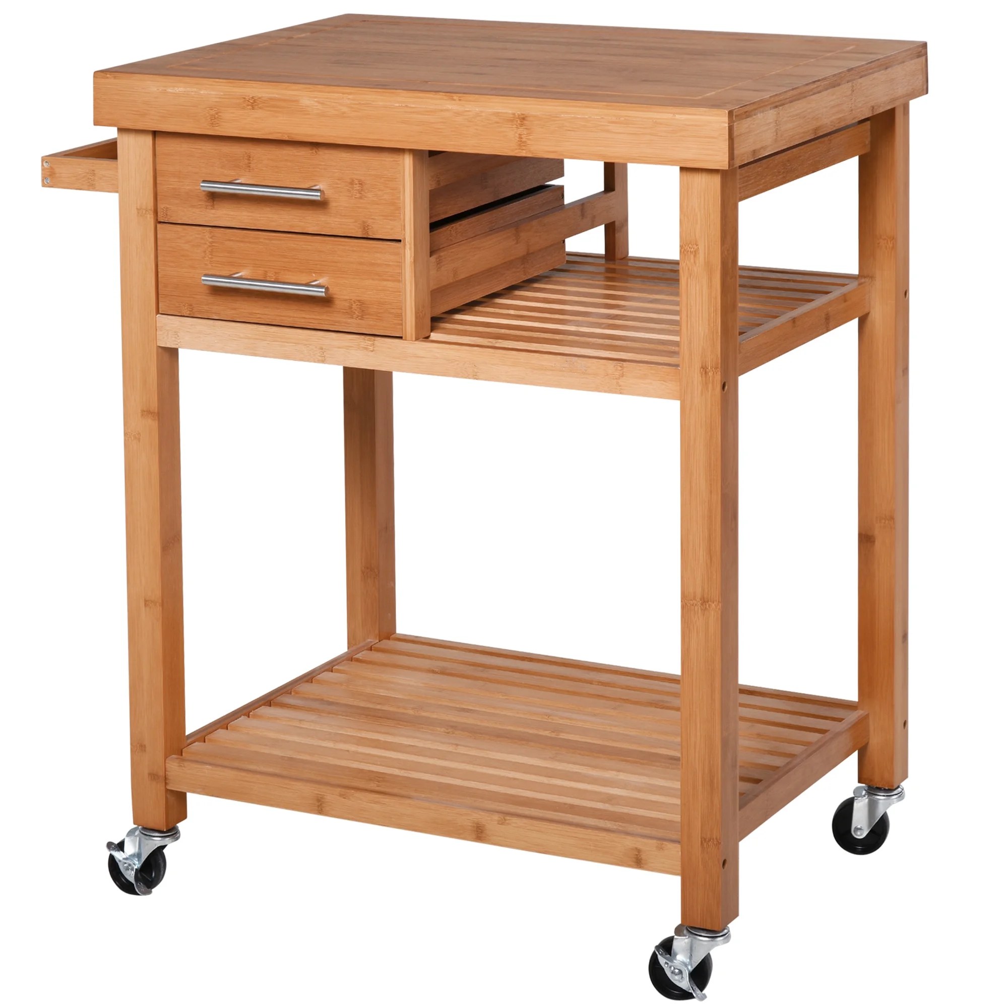 Rolling Bamboo Wood Kitchen Island Cart Trolley, with