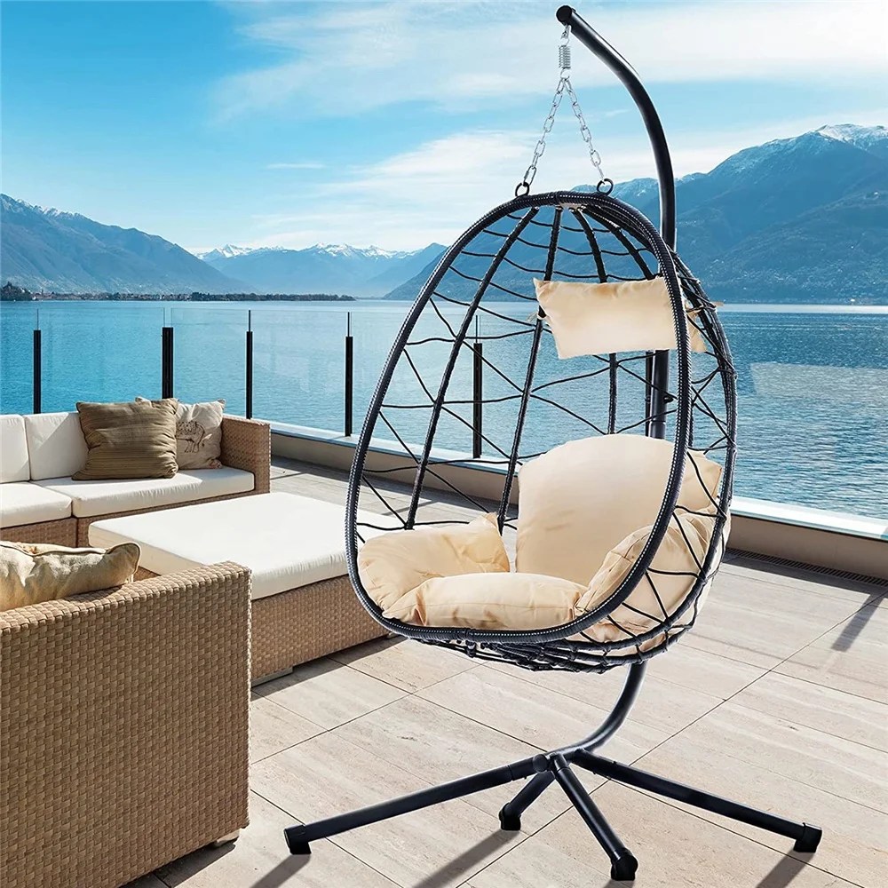 Outdoor Swinging Egg Chair, Patio Wicker Hanging Chairs with Stand, UV