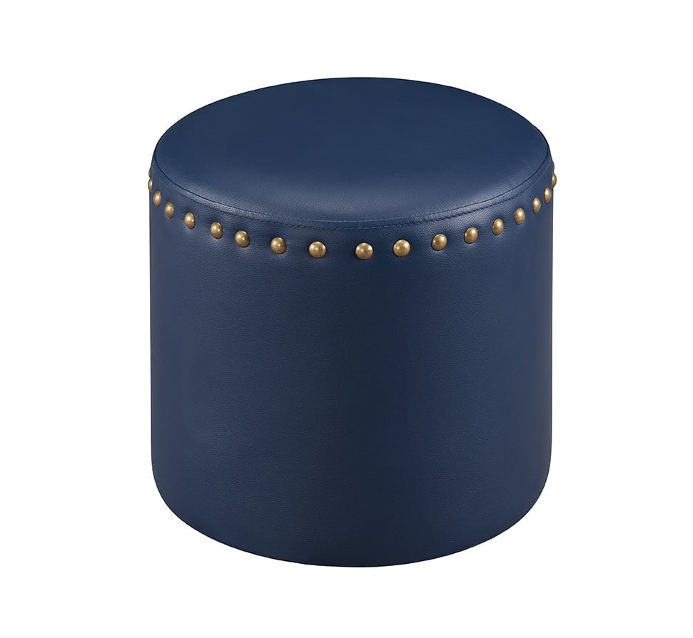 Andrea Transitional 15.5" Round Ottoman Footstool, Blue Faux Leather