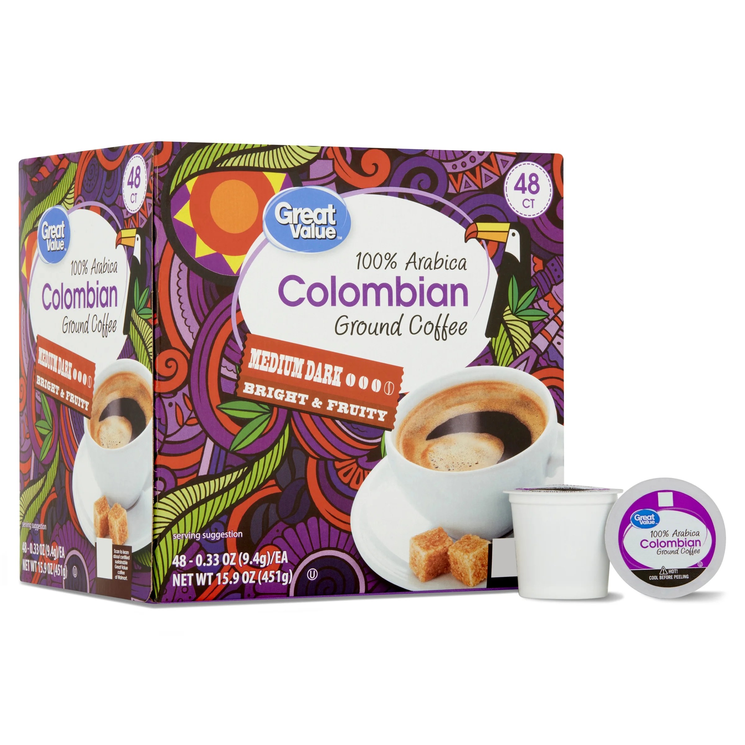 Great Value 100 Arabica Colombian Medium Roast Ground Coffee Pods, 48