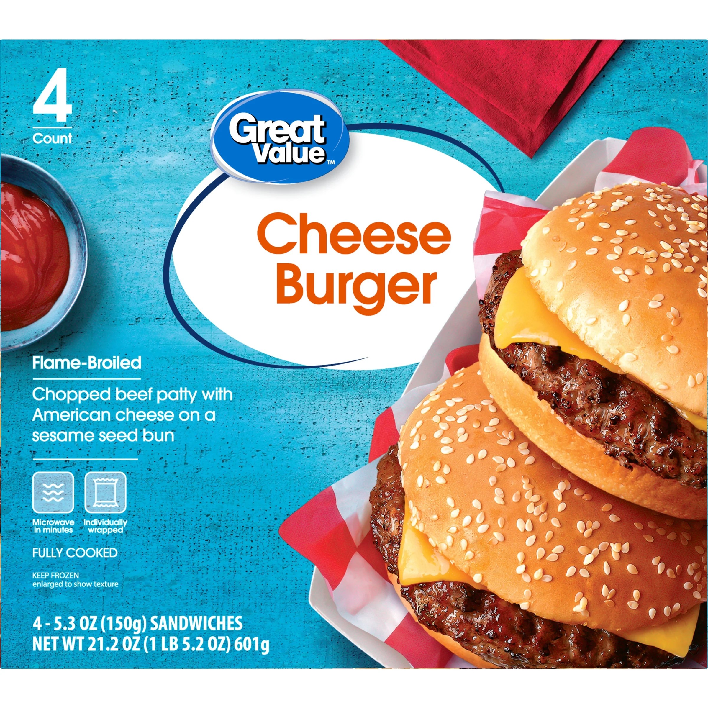 Great Value Cheese Burger Sandwiches, 4 Count (Frozen)