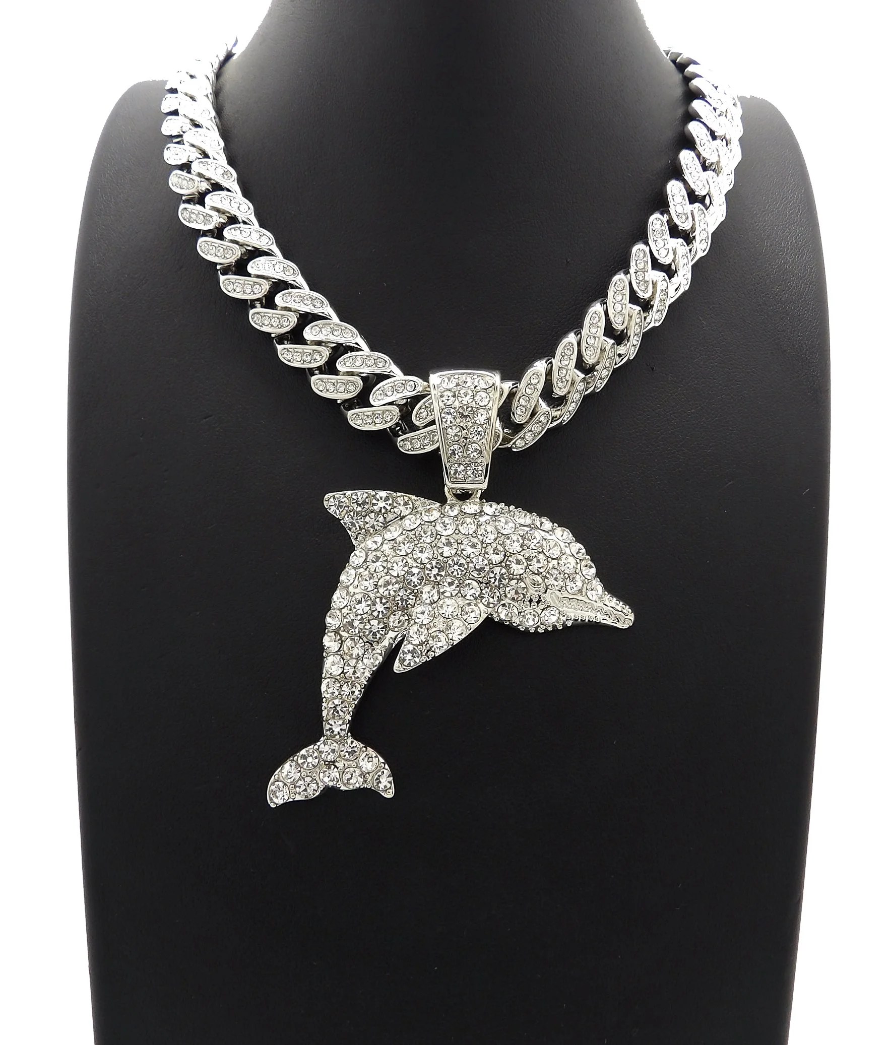 Wg Jewelry Hip Hop Iced Out Dolphine Pendant with 20" Platinum Tone