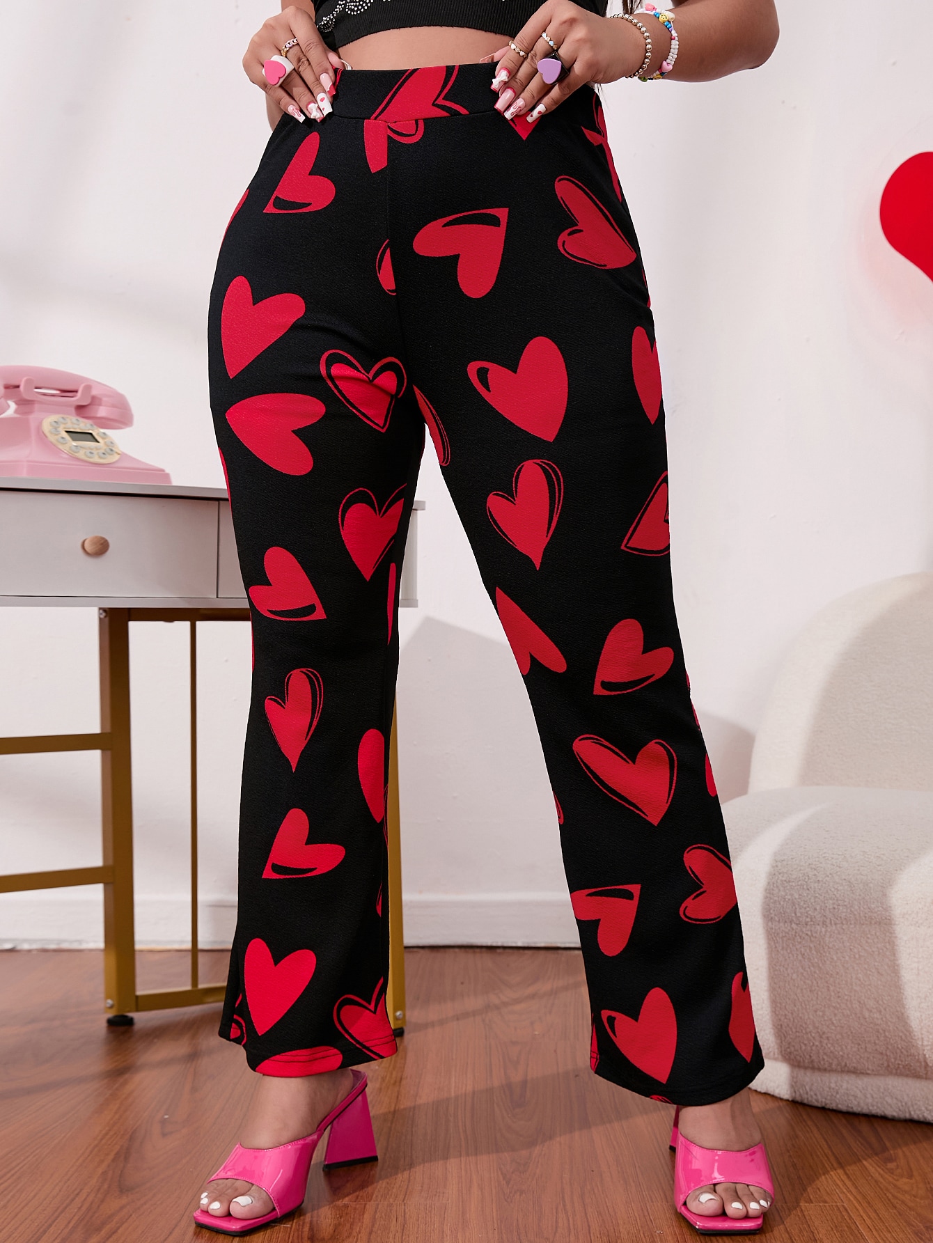 Women's Plus High Waist Heart Print Boot Cut Leg Pants