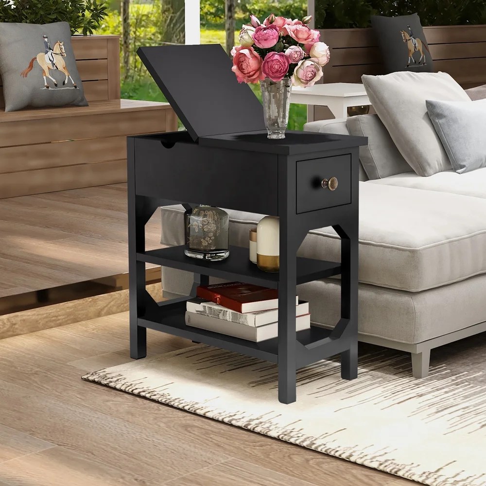 Sesslife Narrow End Tables for Living Room, Wood Flip Top Side Table with Storage Drawer