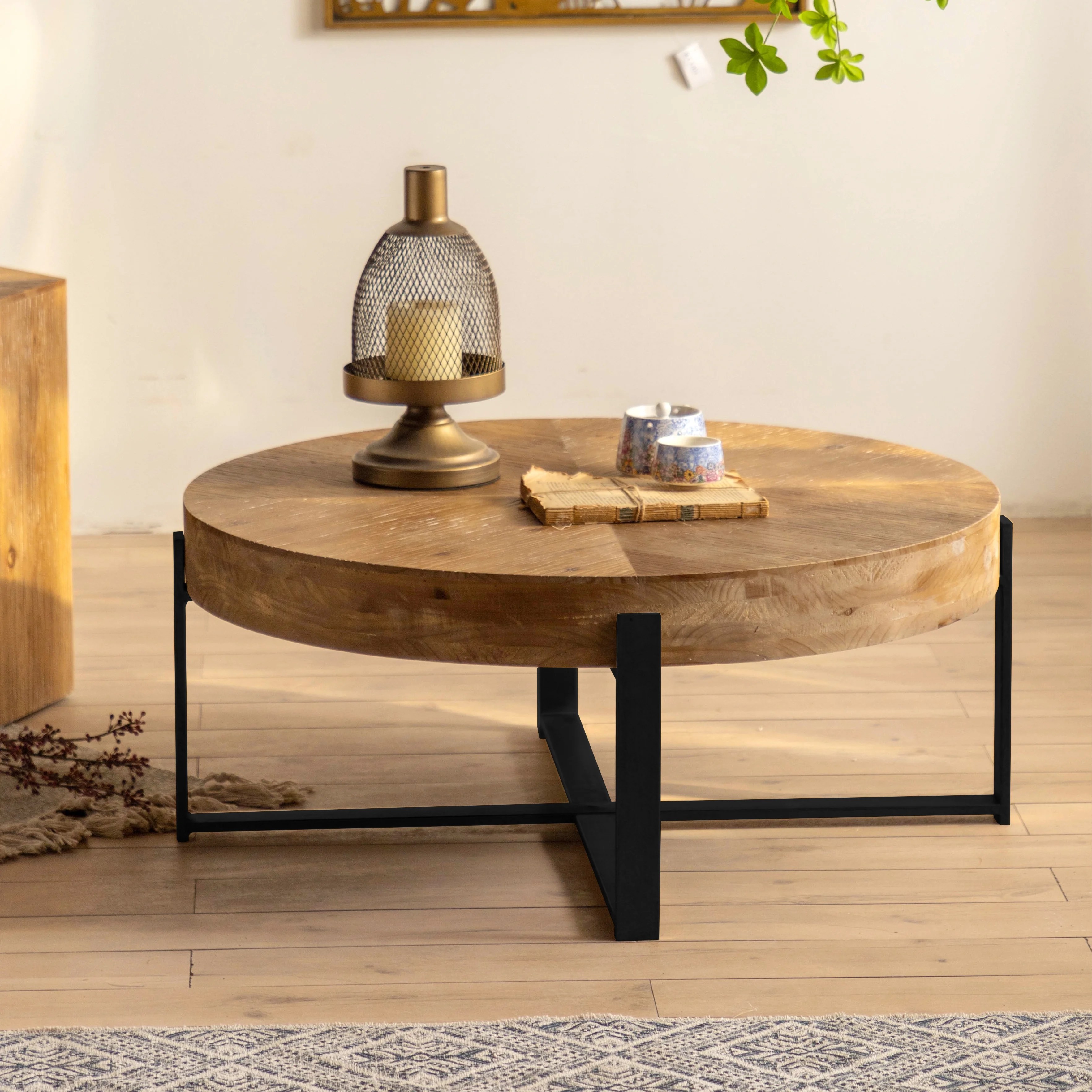 Round Wood Coffee Table Living Room, 31.29" Circle Coffee Table with