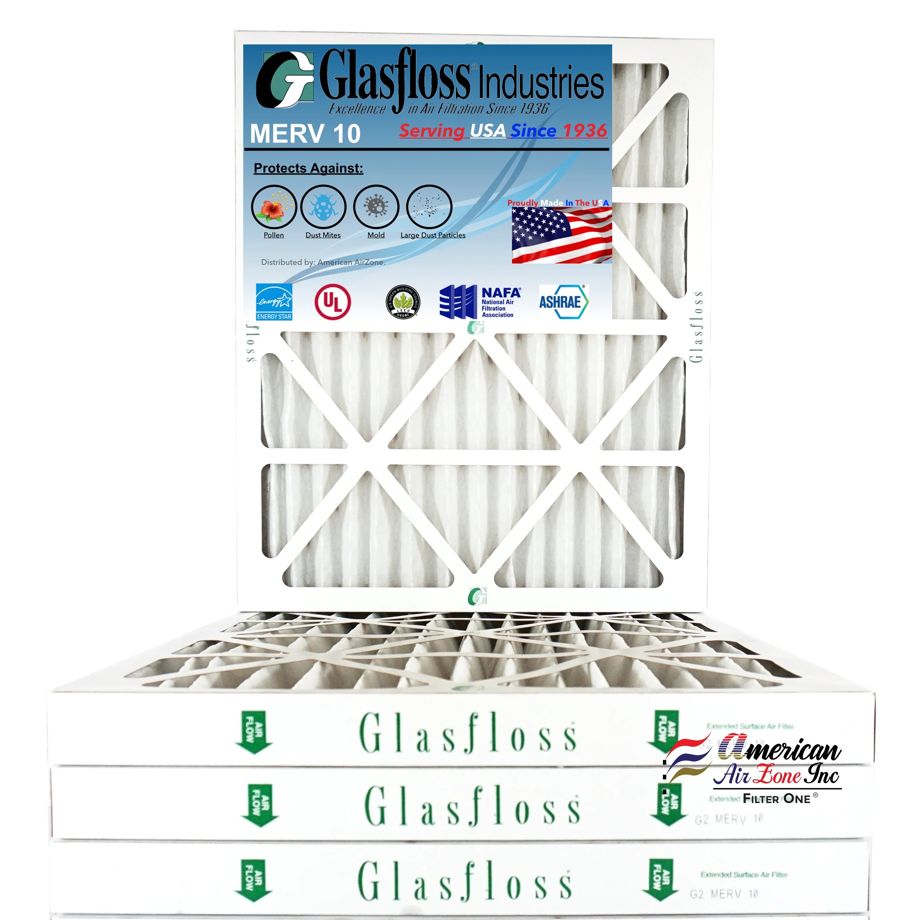Glasfloss Air Filter 20x25x2 2" MERV 10 (Pack of 4) Pleated AC or