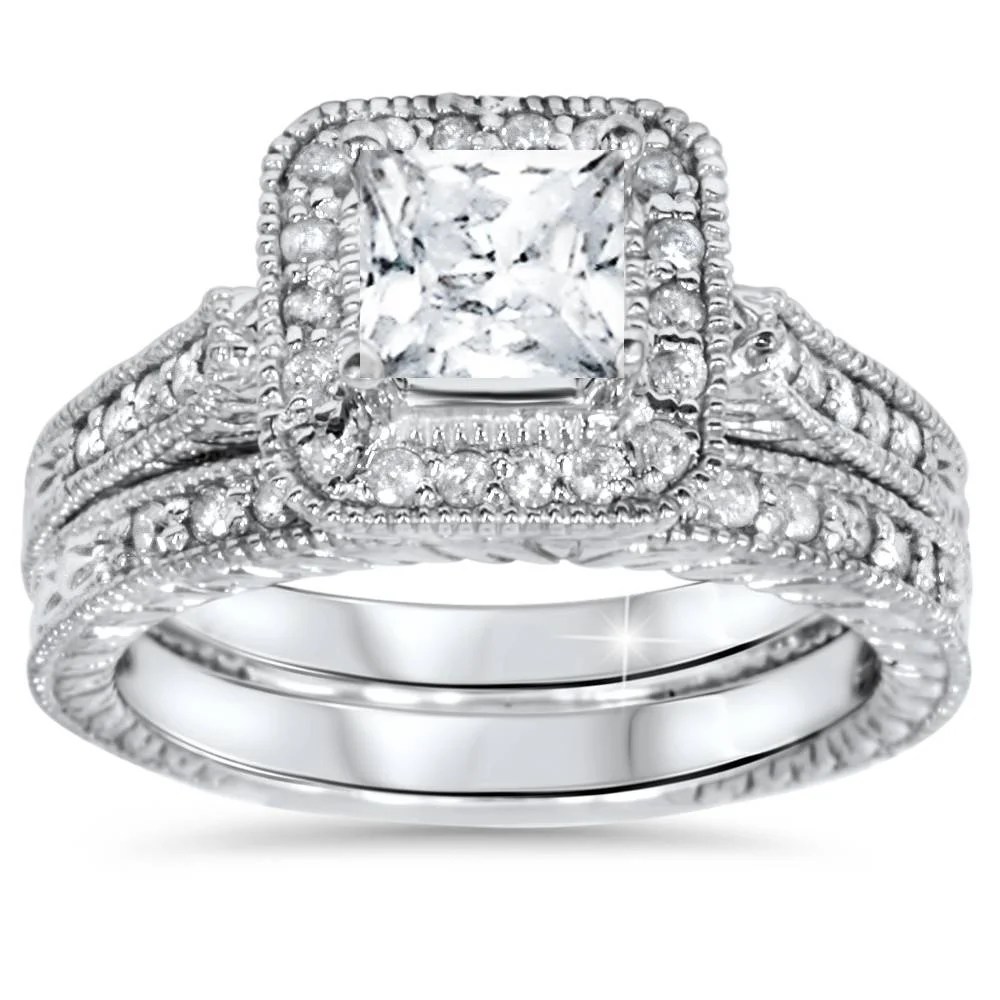 1 1/2ct Vintage Halo Princess Cut Diamond Engagement Ring Set 14k Gold 1 1/2ct Vintage Halo Princess Cut Diamond Engagement Ring Set 14k Gold