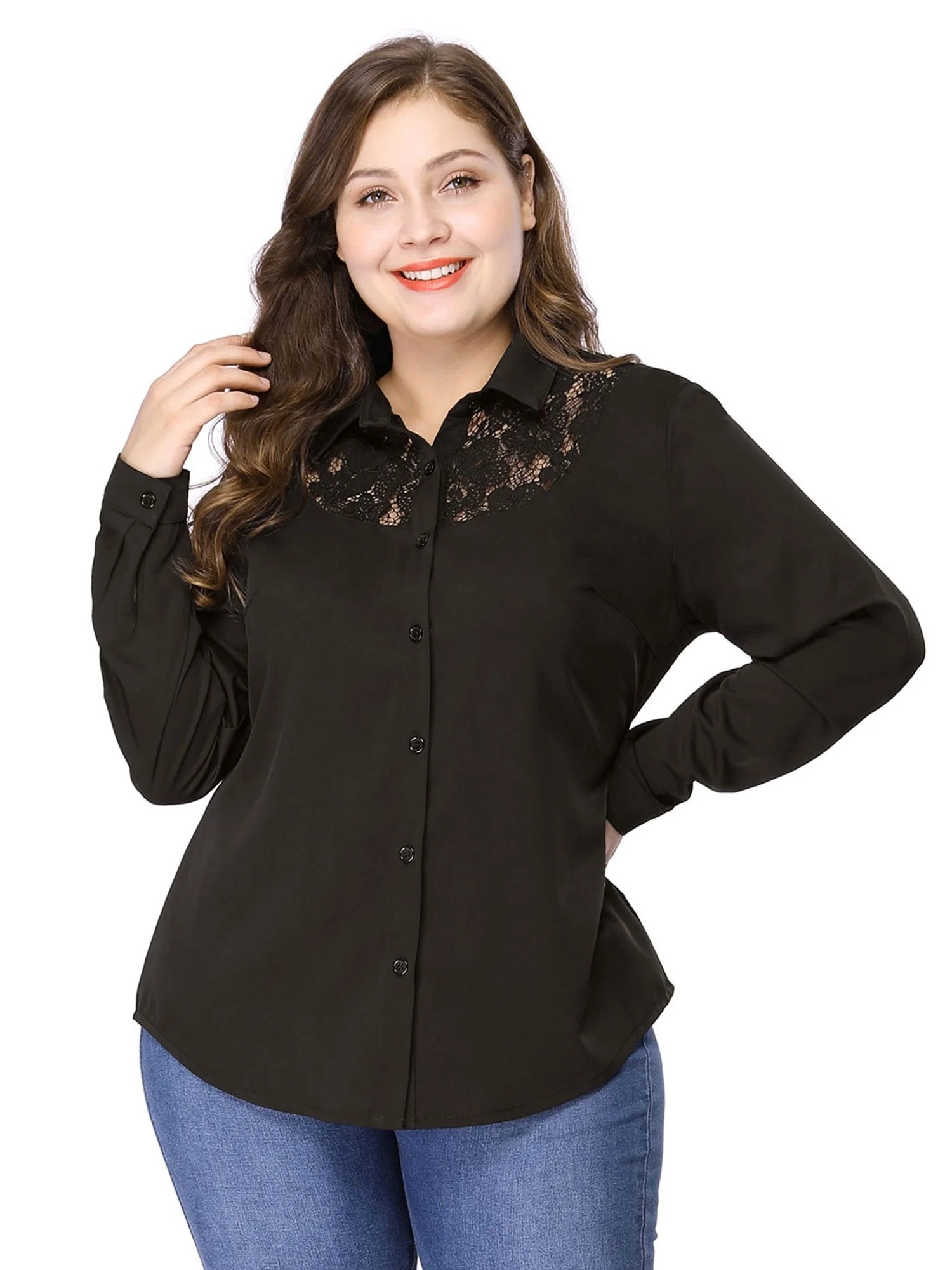 Women's Plus Size Button Down Long Sleeves Lace Panel Shirt 4X Black