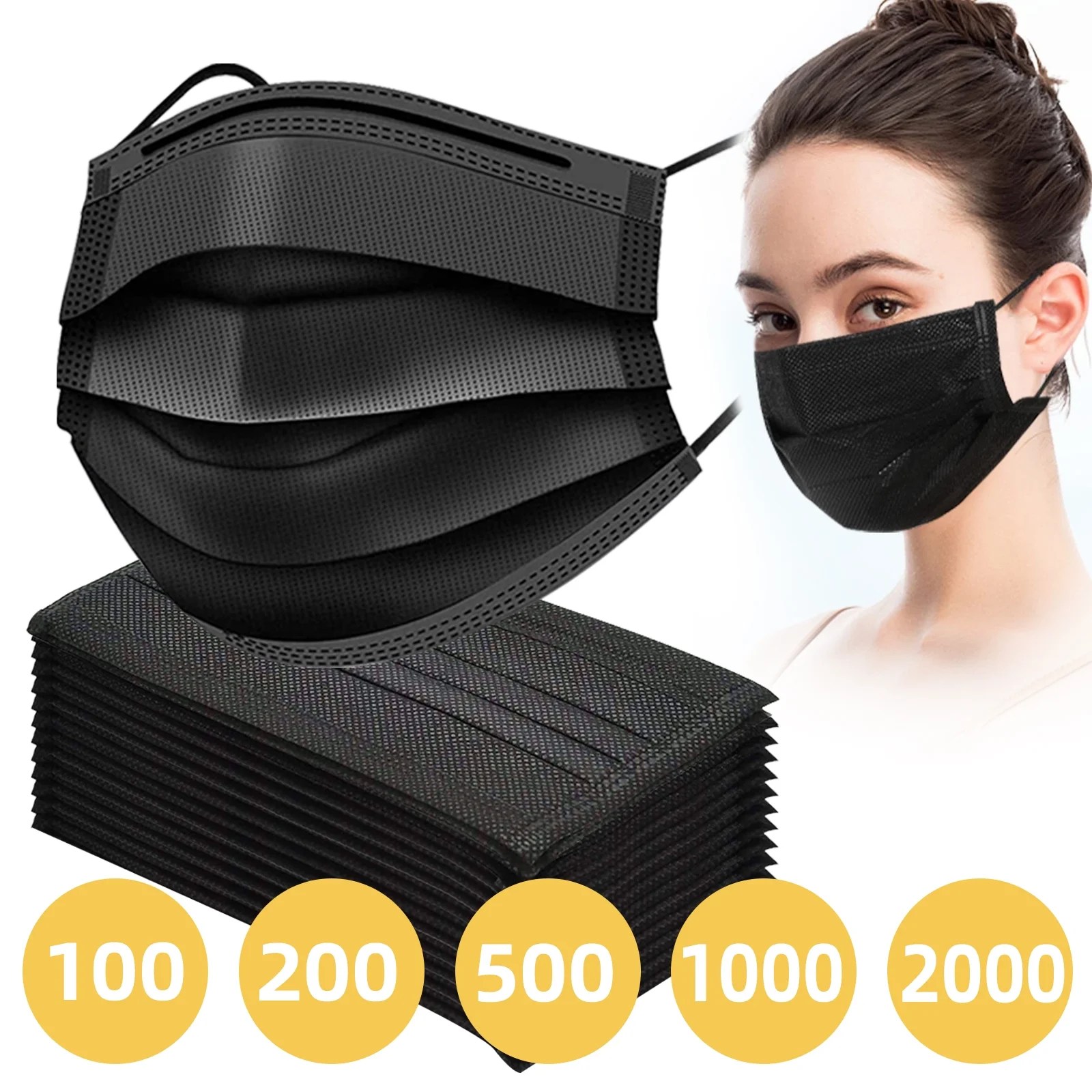 100 Pack USA Made Disposable Face Masks Black, 3 Ply Breathable