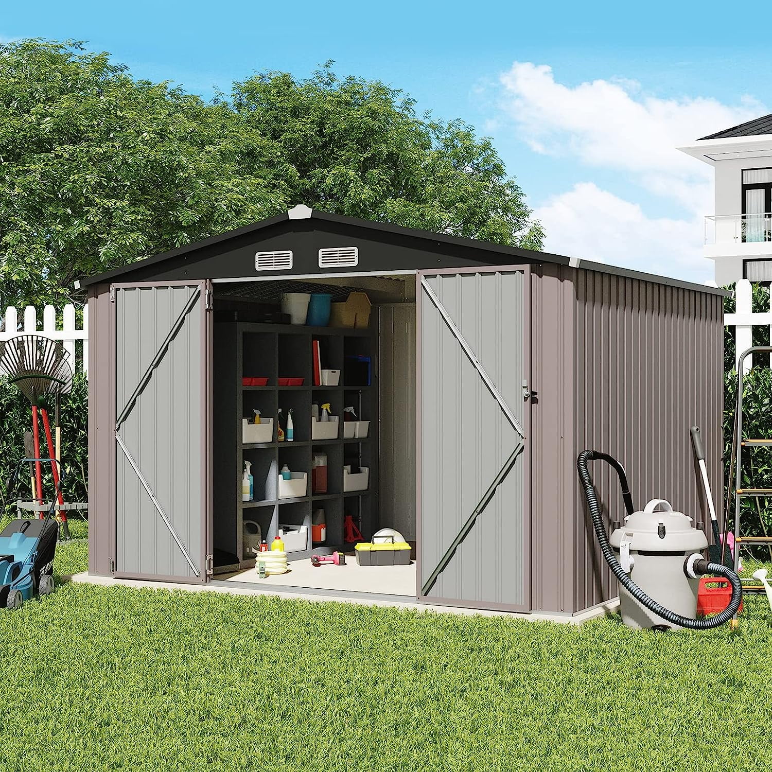 Outdoor Storage Shed, 8'x10' Large Galvanized Steel Metal Garden Shed