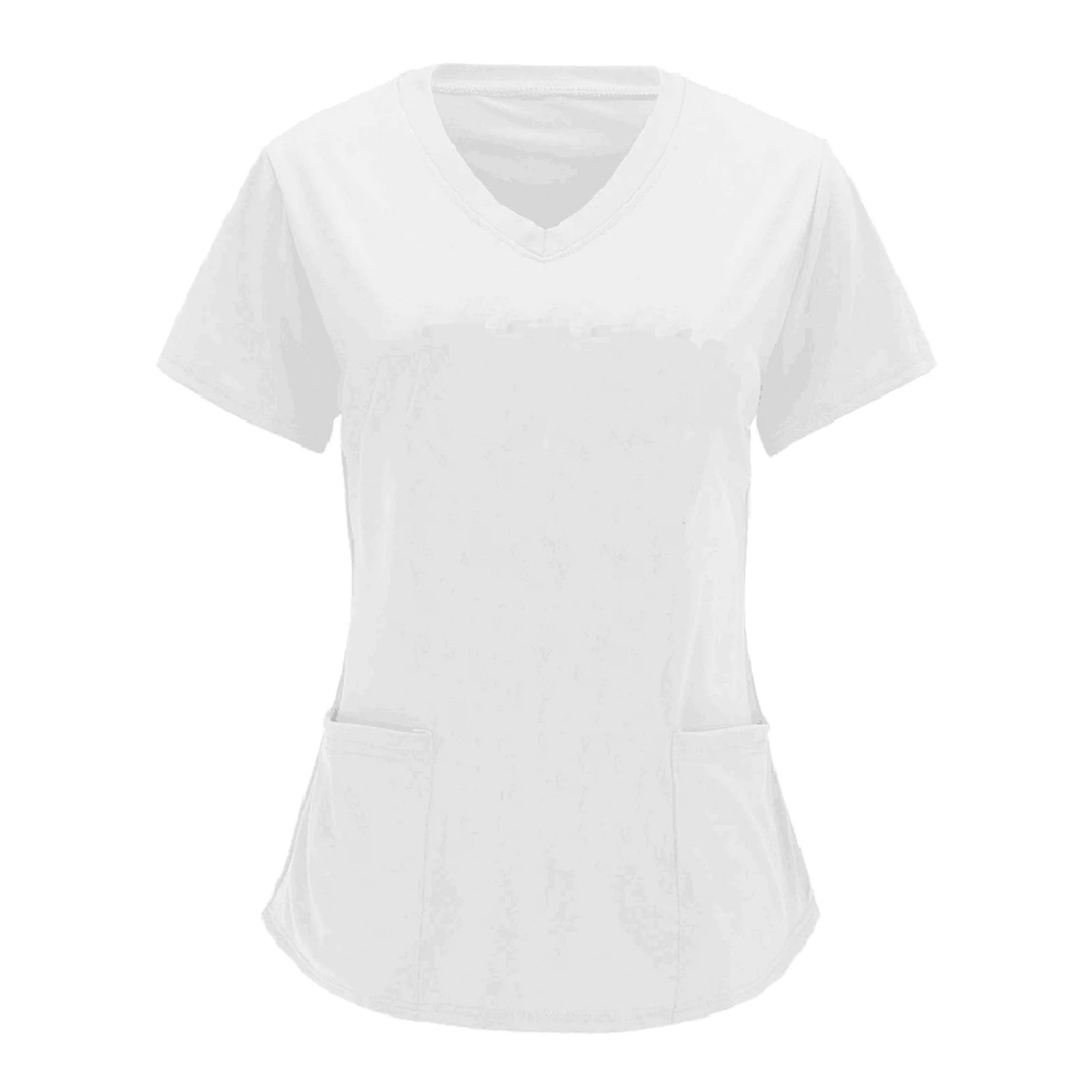QAZXD Womens V Neck Medical Nursing Uniform Solid Short Sleeve Scrub Tops with Two Pockets White