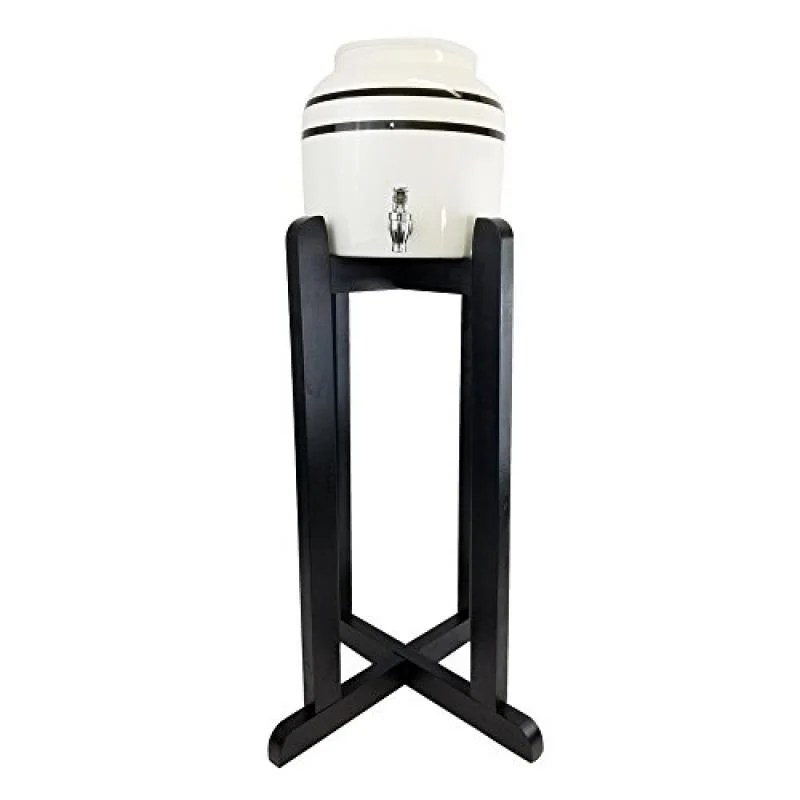 Porcelain Water Dispenser with Black Stripes and Black Wood Floor Stand