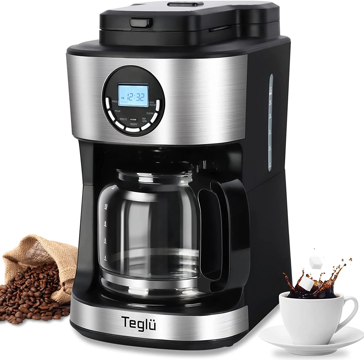 Teglu Coffee Maker with Grinder 12 Cups, Programmable Grind and Brew